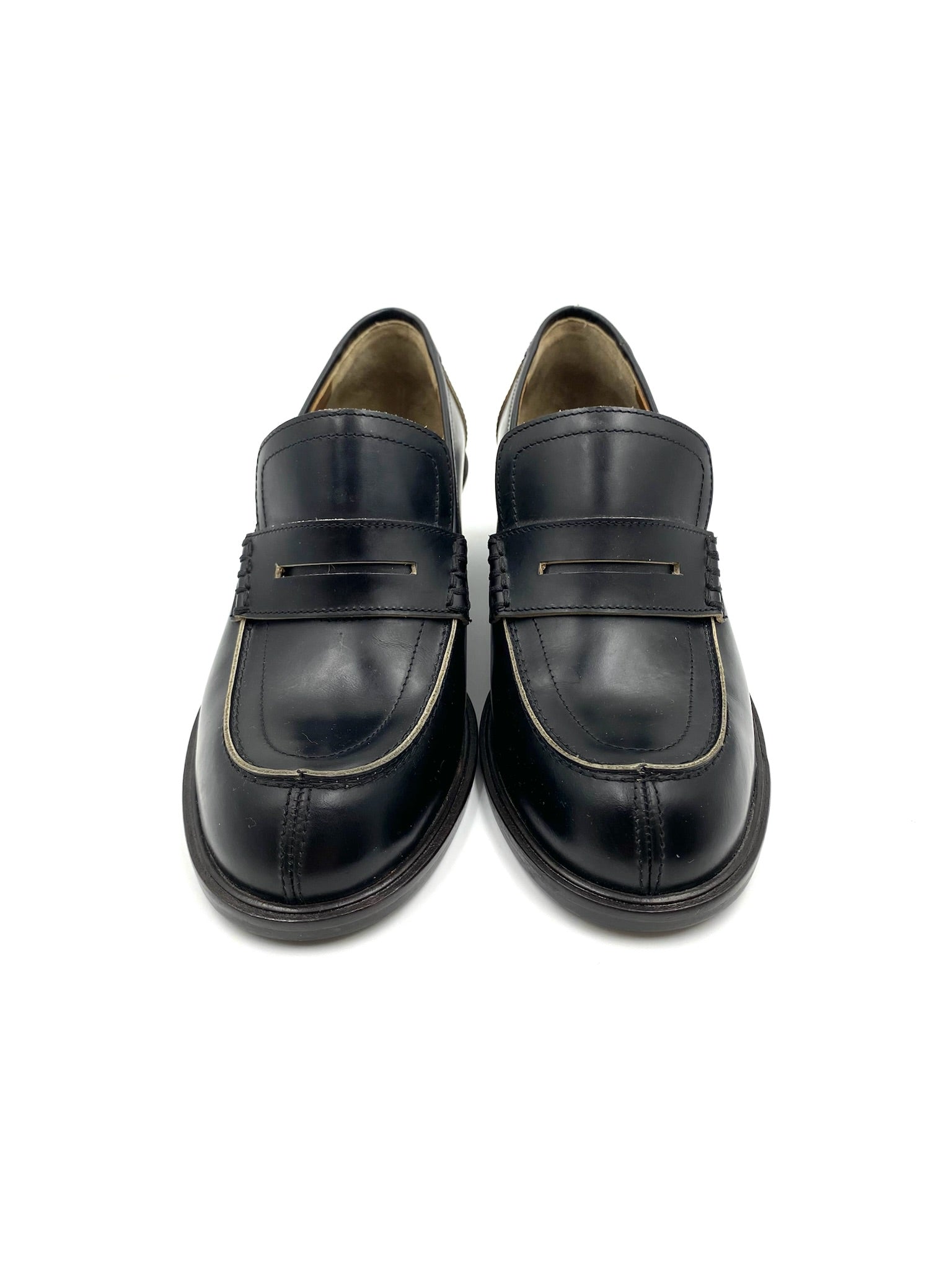Marni black leather loafers, size 37.5, with block heels and exposed edging detail.