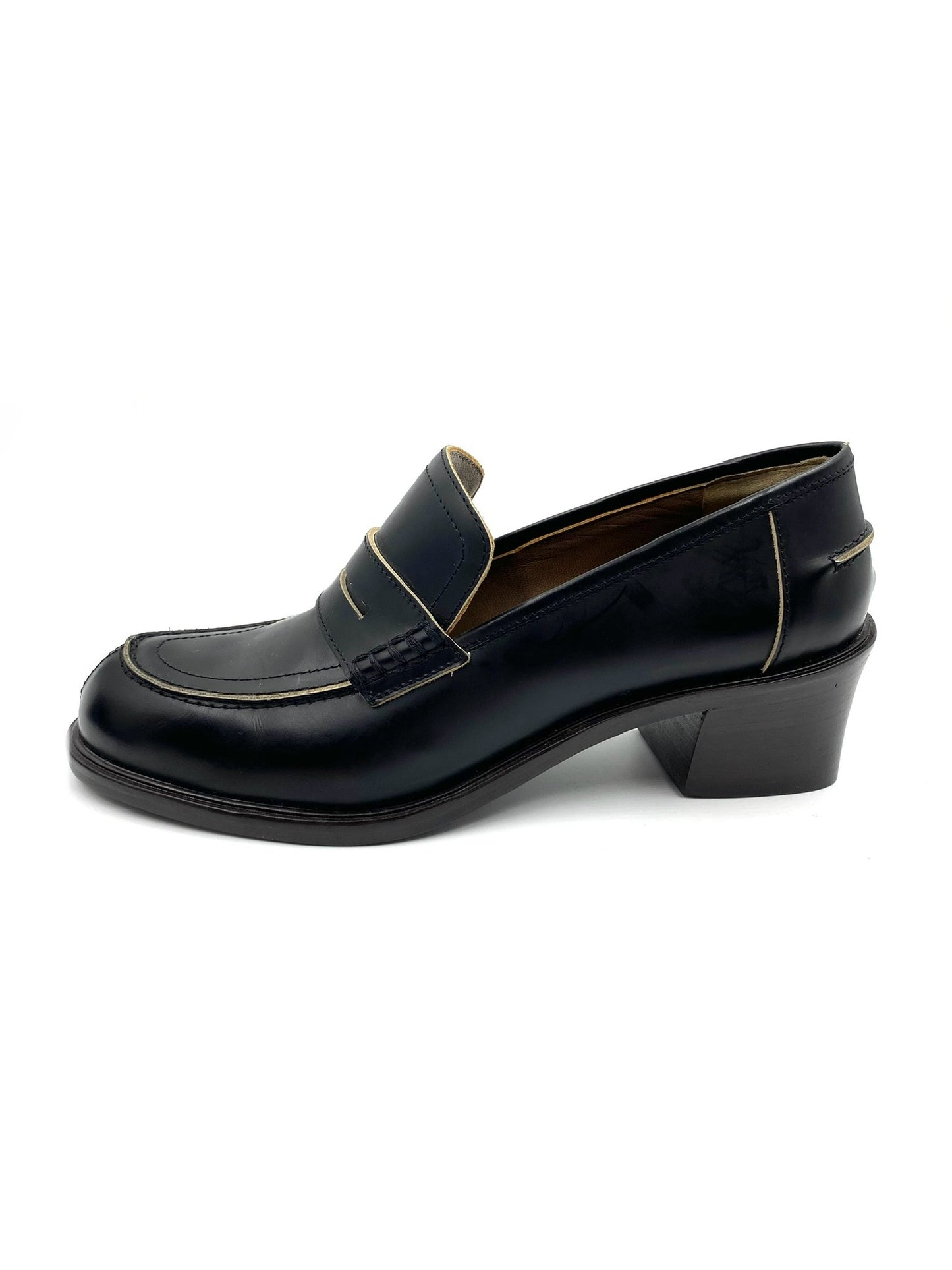 Marni black leather loafers, size 37.5, with block heel and exposed edging detail.