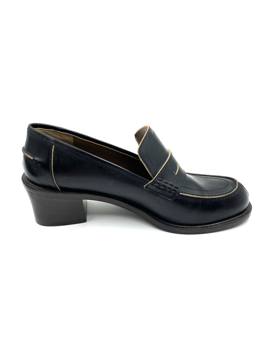 Marni black leather loafers, size 37.5, with block heel and exposed edging detail.
