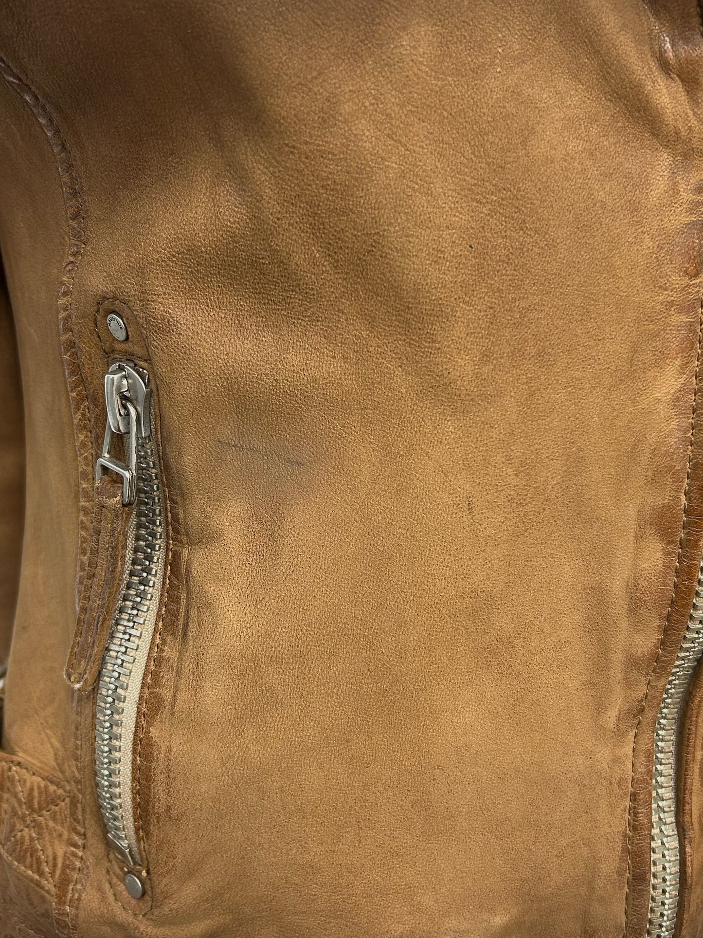 Mauritius brown ombre lambskin leather moto jacket, size 4, with silver zippers and a small mark.