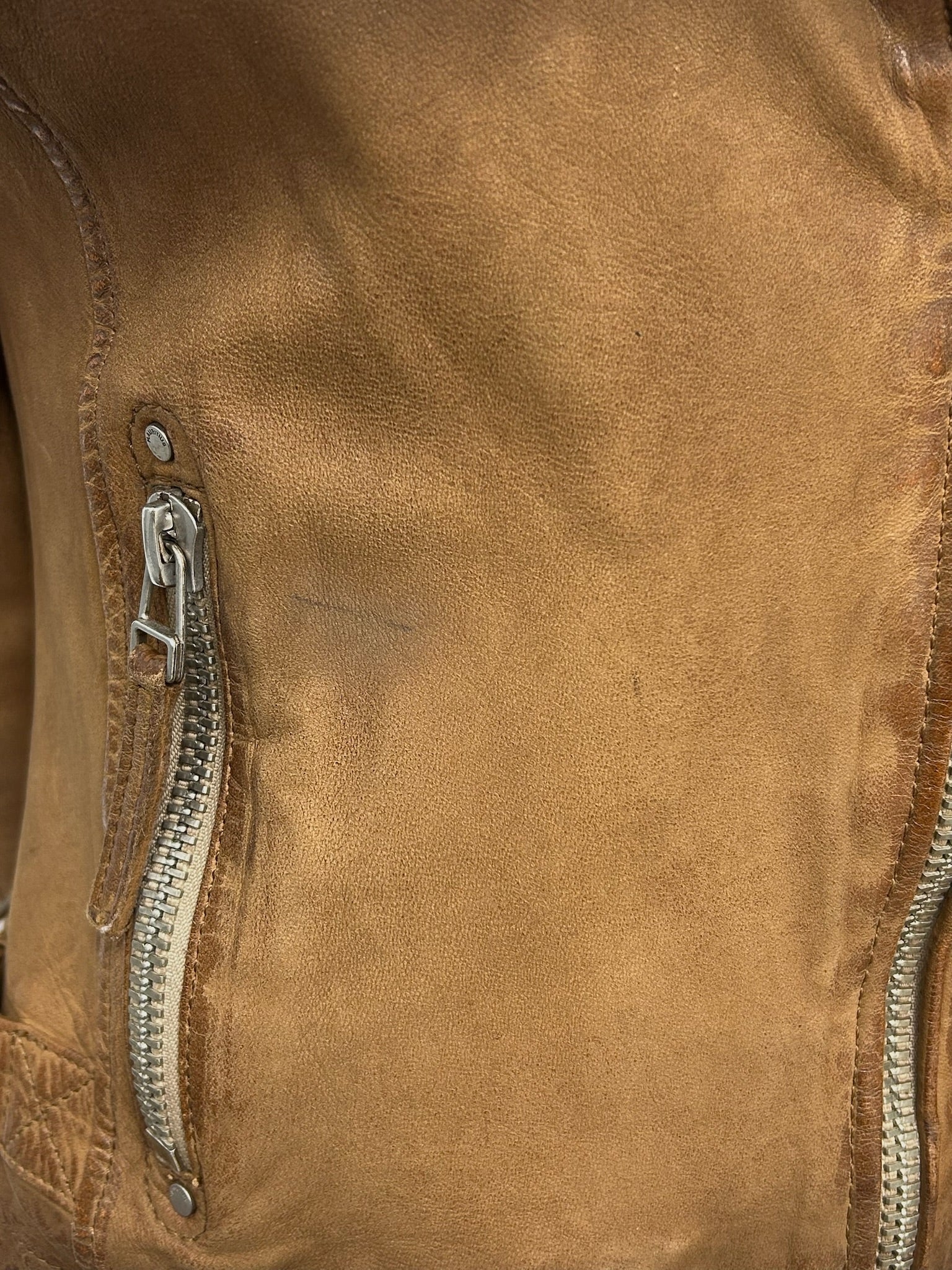 Mauritius brown ombre lambskin leather moto jacket, size 4, with silver zippers and a small mark.