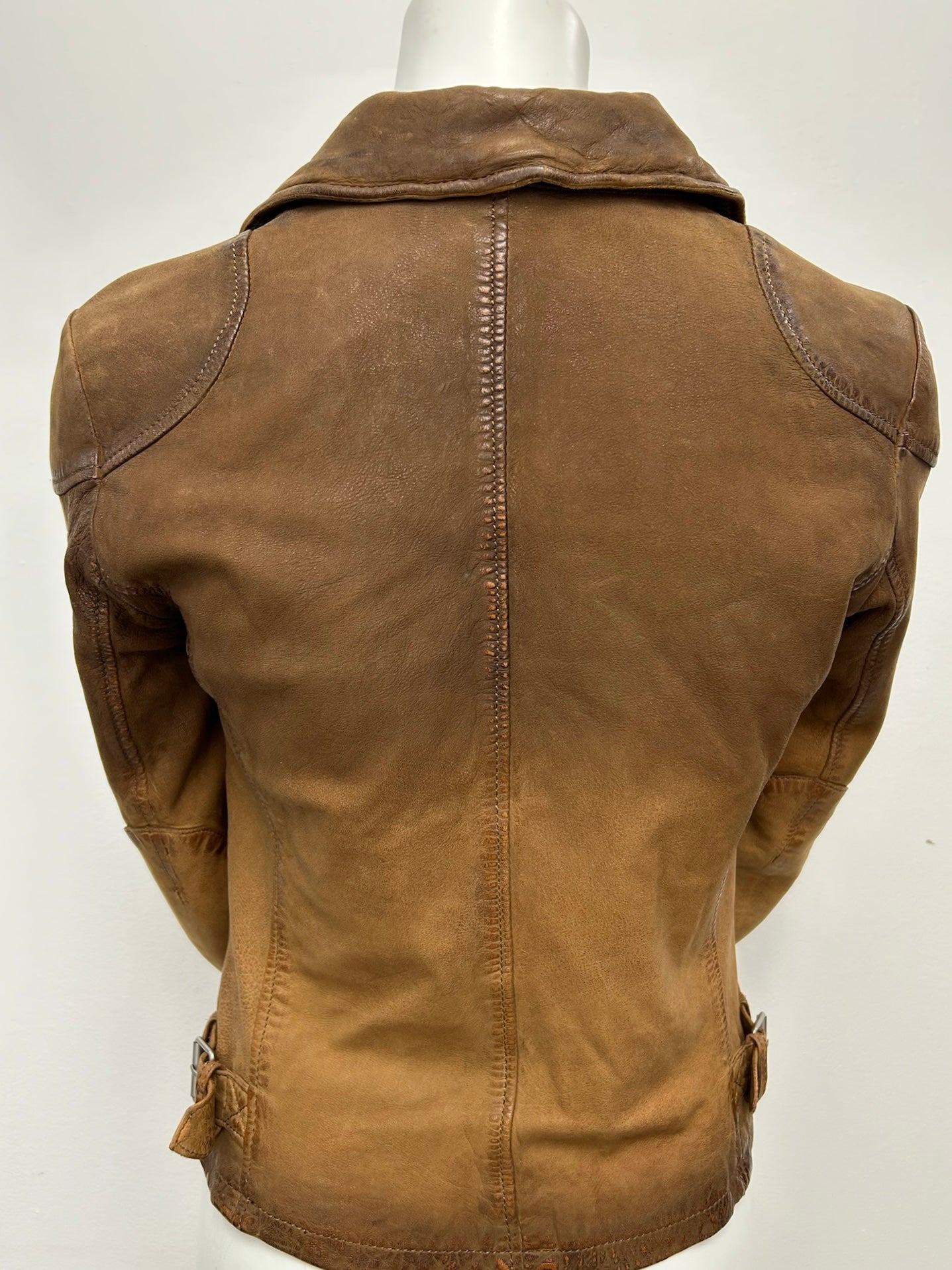Back view of a Mauritius brown ombre lambskin leather moto jacket, size 4, with a vertical seam and side buckles.