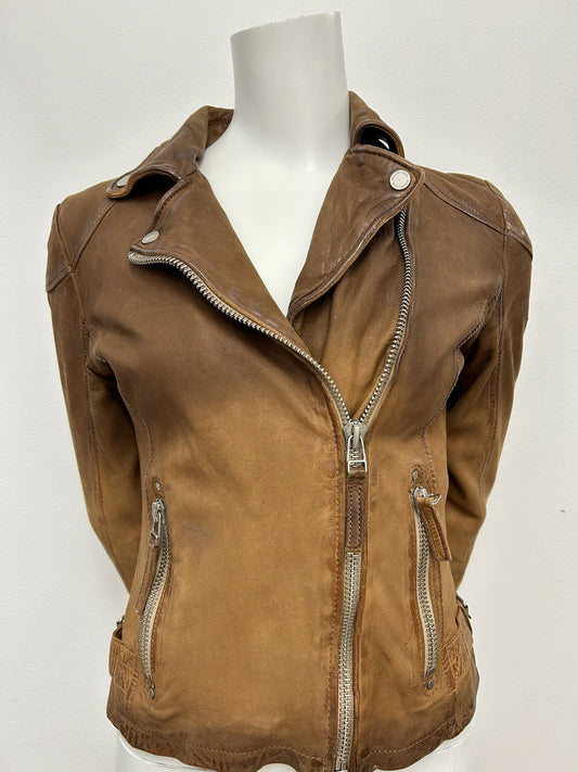 Mauritius brown ombre lambskin leather moto jacket, size 4, with silver zippers and snap buttons.