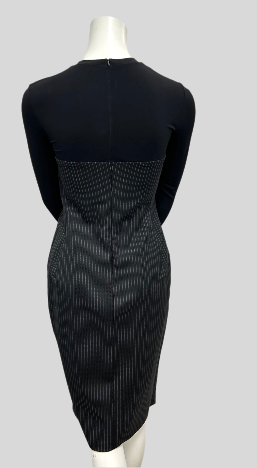 Max Mara black pinestripe virgin wool sheath dress, long sleeve midi with back zip, size 2.