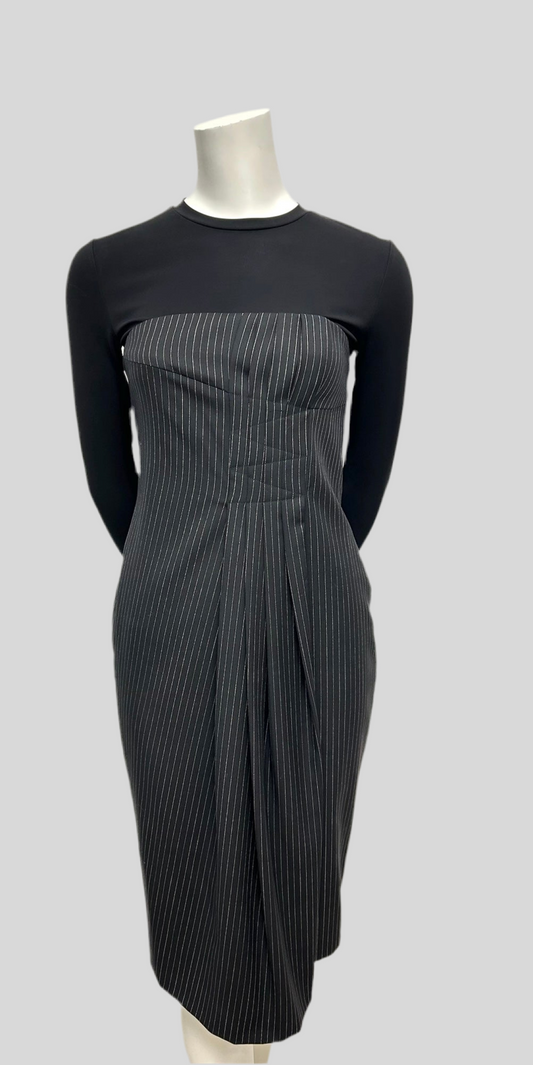 Max Mara black pinstripe virgin wool sheath dress, long sleeve midi, size 2.