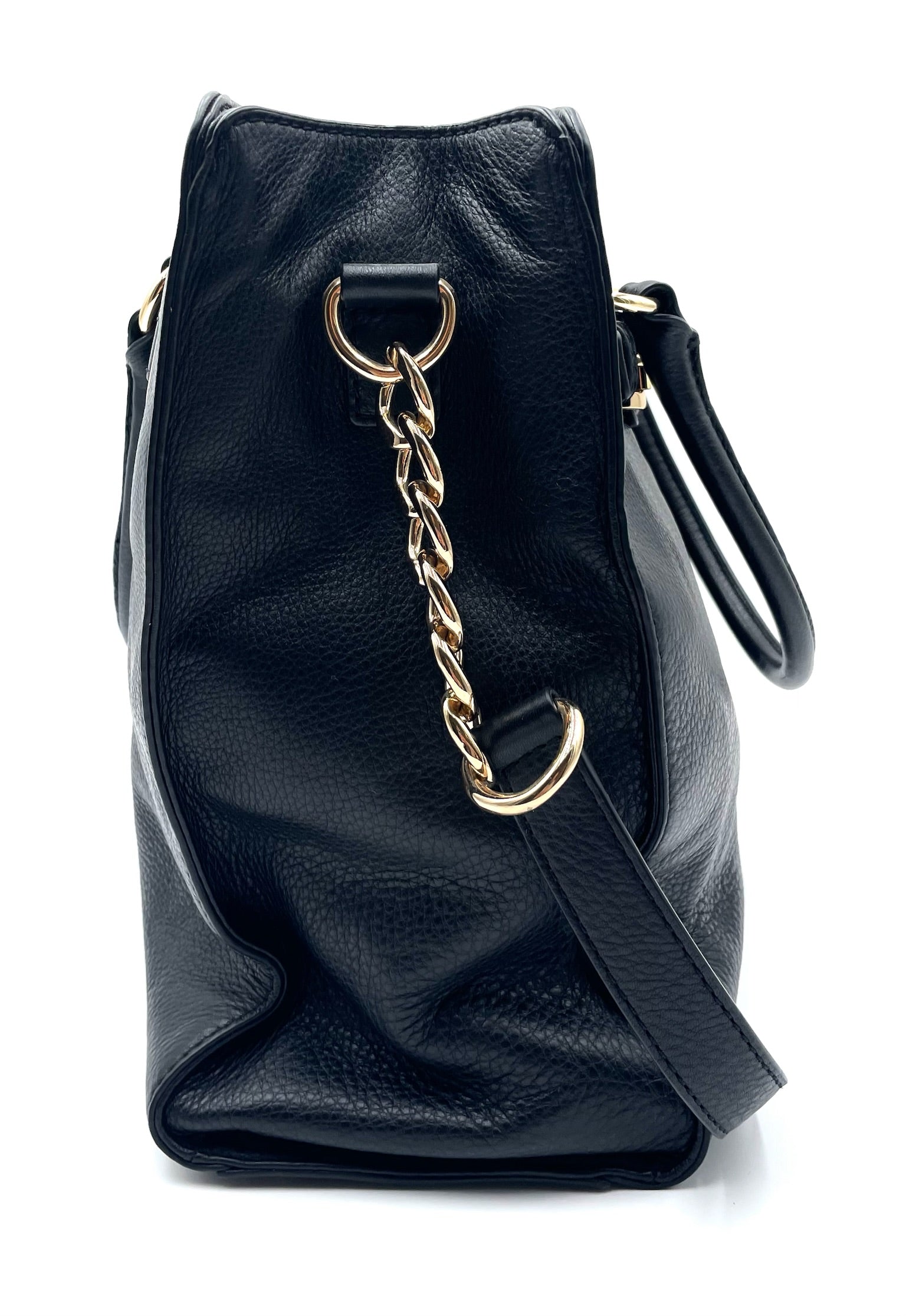 Michael Kors Black Hamilton East West pebbled leather tote with gold-tone hardware and structured top handles.