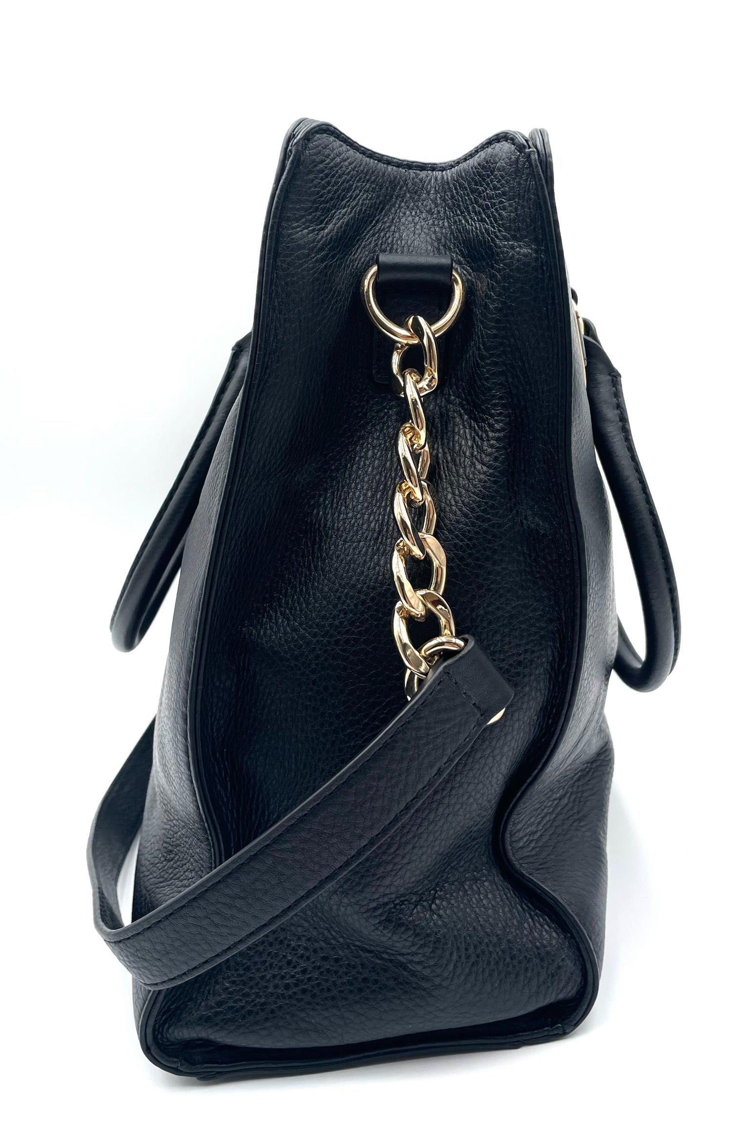 Michael Kors Black Hamilton East West pebbled leather tote with gold-tone chain detail and structured handles.