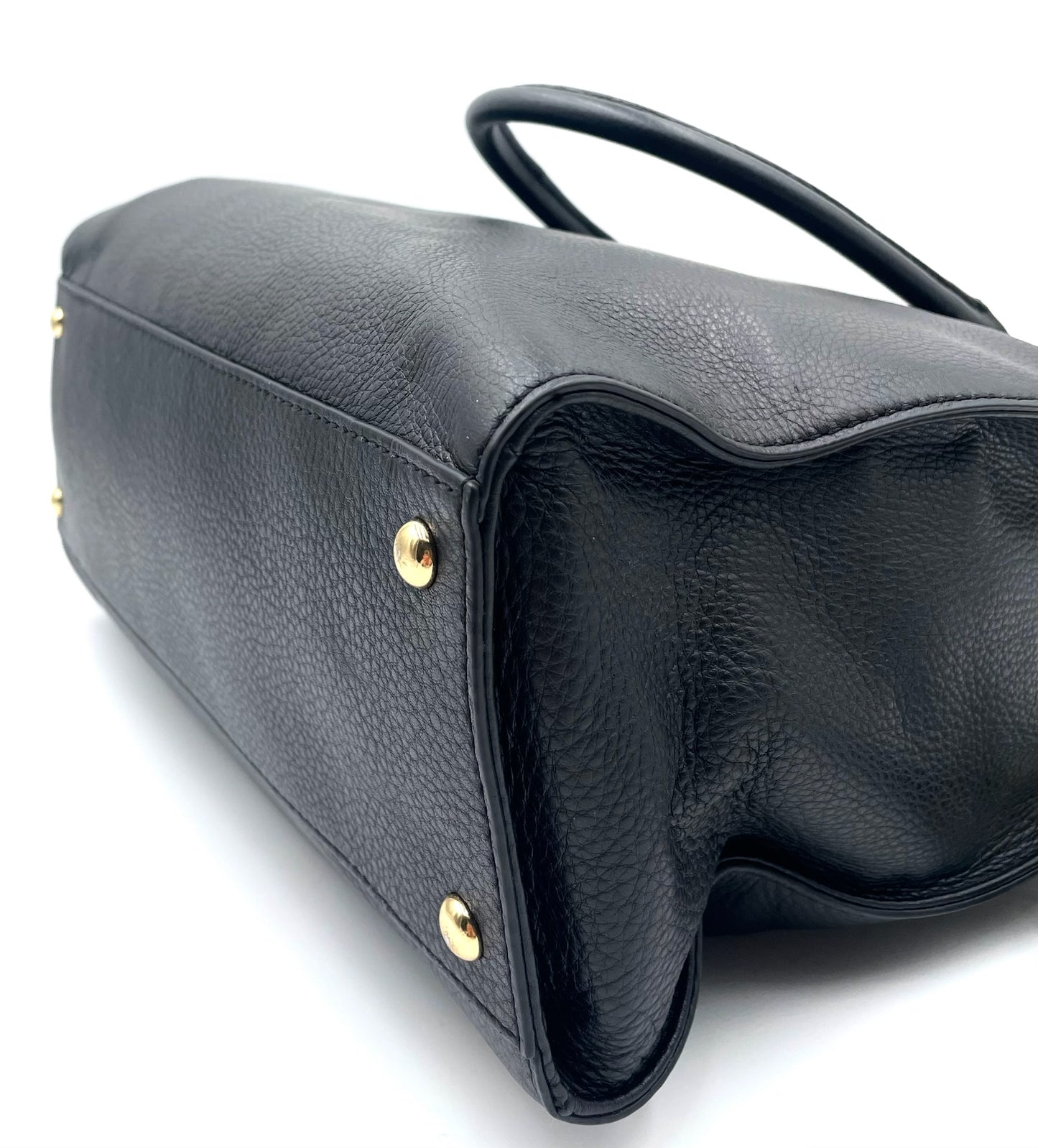 Michael Kors Black Hamilton East West pebbled leather tote with gold-tone hardware and structured top handles.