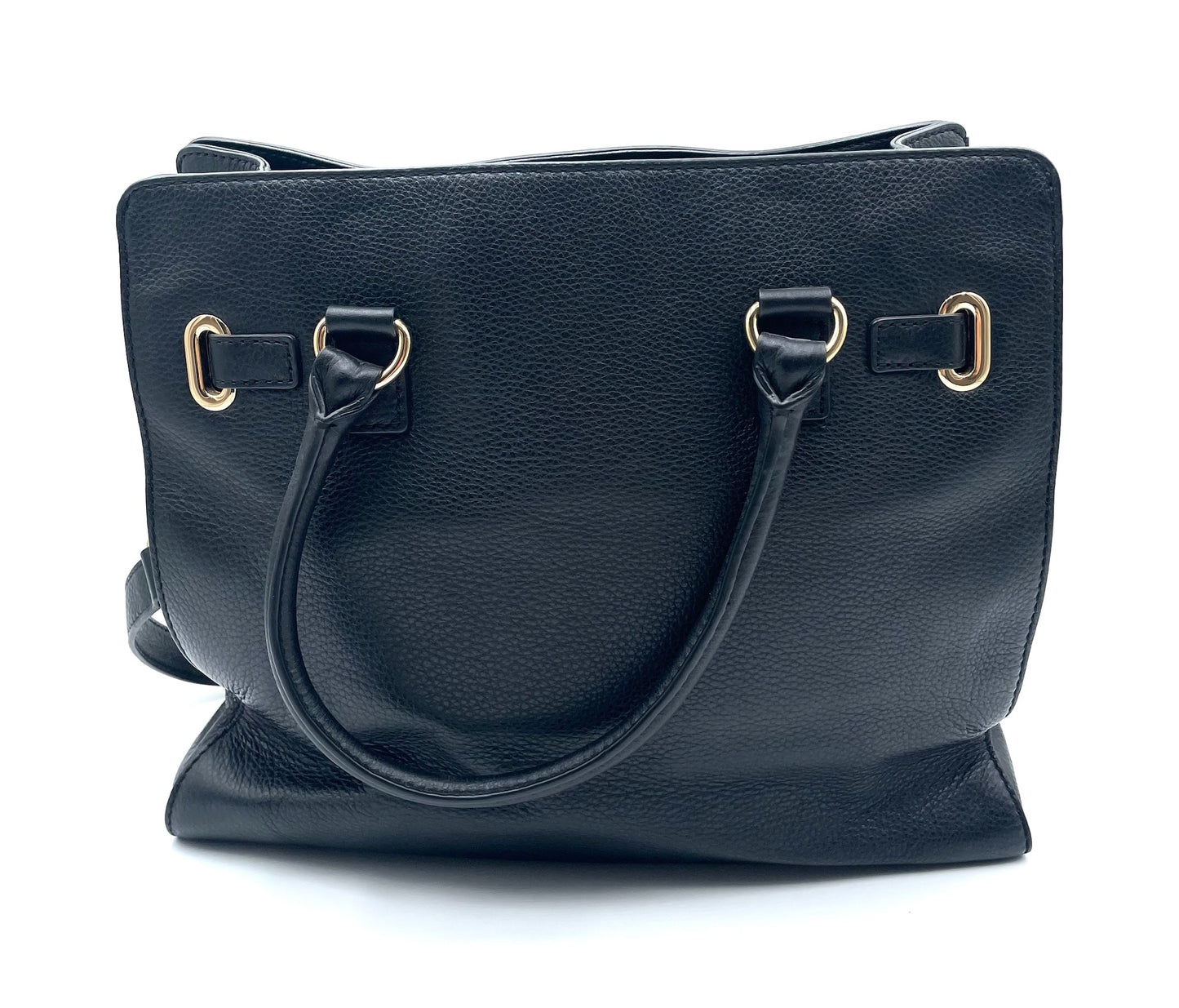 Michael Kors Black Hamilton East West pebbled leather tote with gold-tone hardware and structured top handles.
