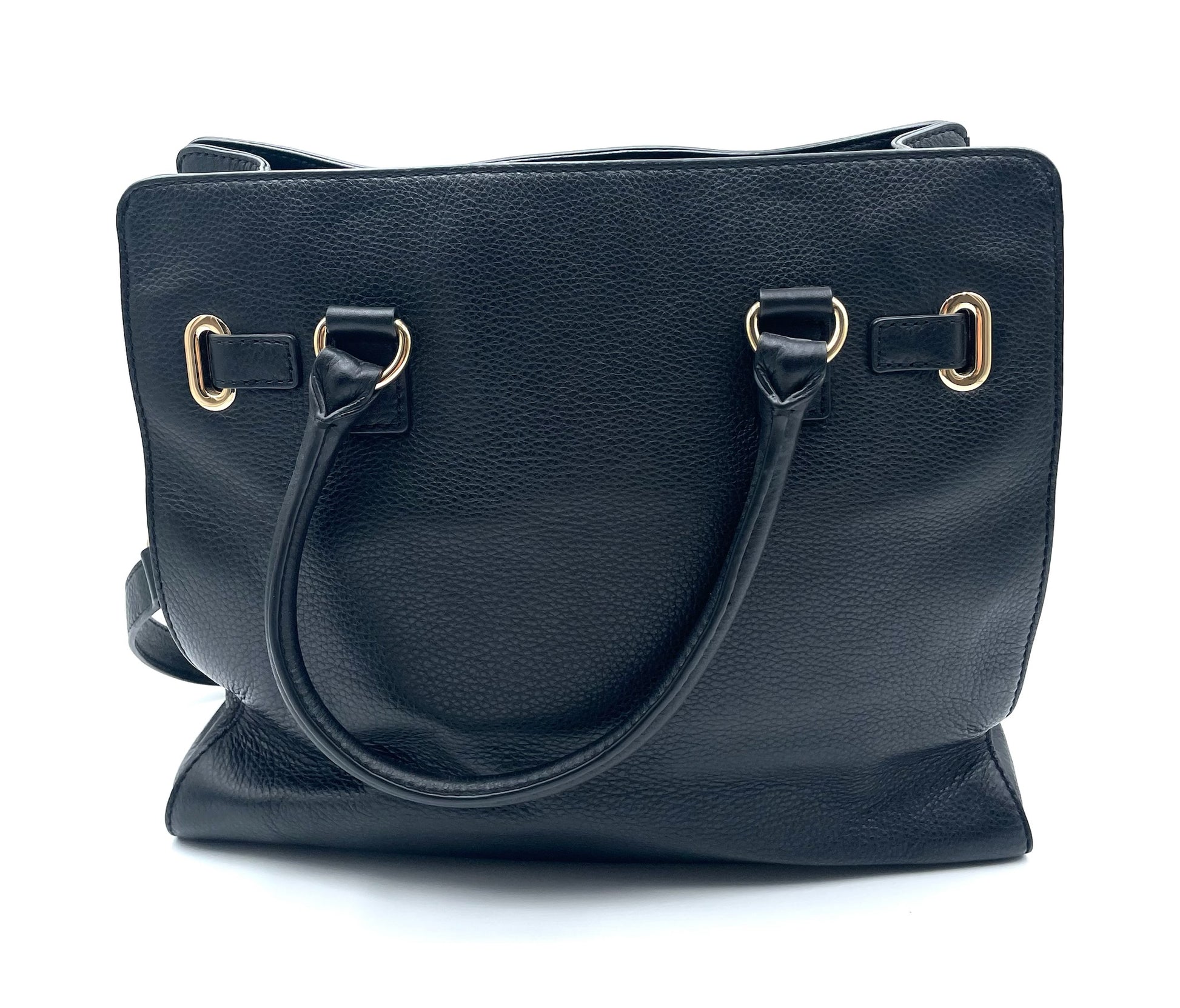 Michael Kors Black Hamilton East West pebbled leather tote with gold-tone hardware and structured top handles.