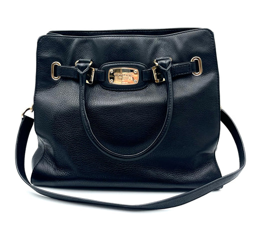 Michael Kors Black Hamilton East West pebbled leather tote with gold-tone hardware and structured top handles.
