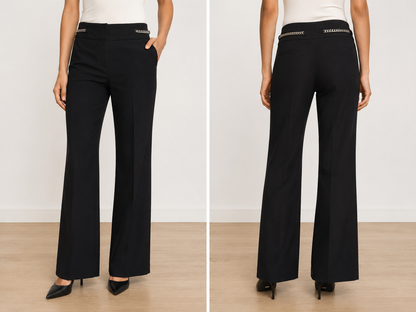 Michael Kors Collection black virgin wool blend trousers, size 6, with silver chain detail at the waist.