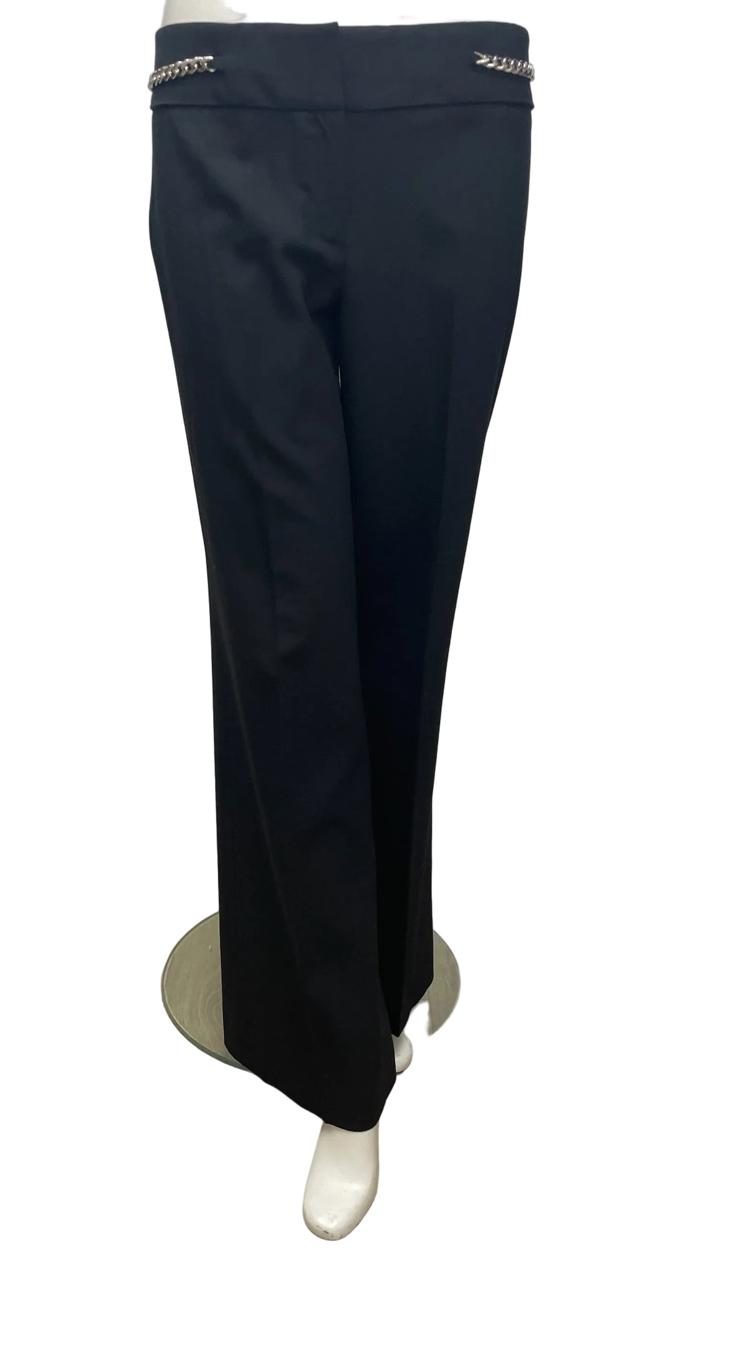 Michael Kors Collection black virgin wool trousers, size 6, with silver chain detail on the waist.