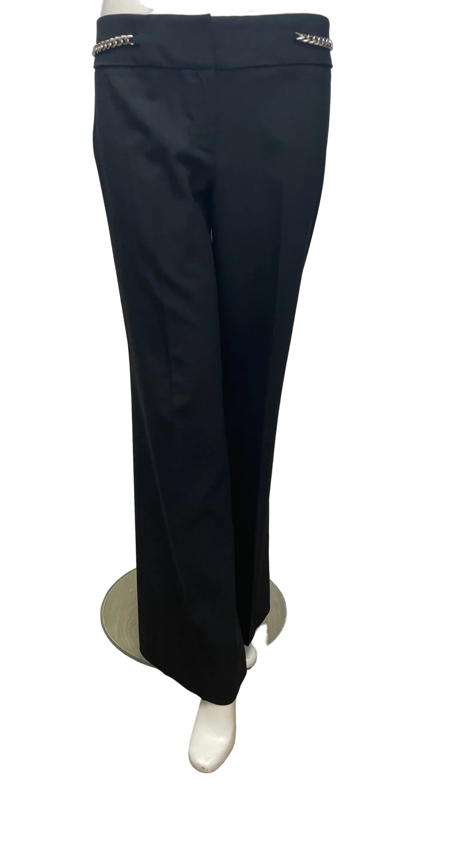 Michael Kors Collection black virgin wool trousers, size 6, with silver chain detail on the waist.