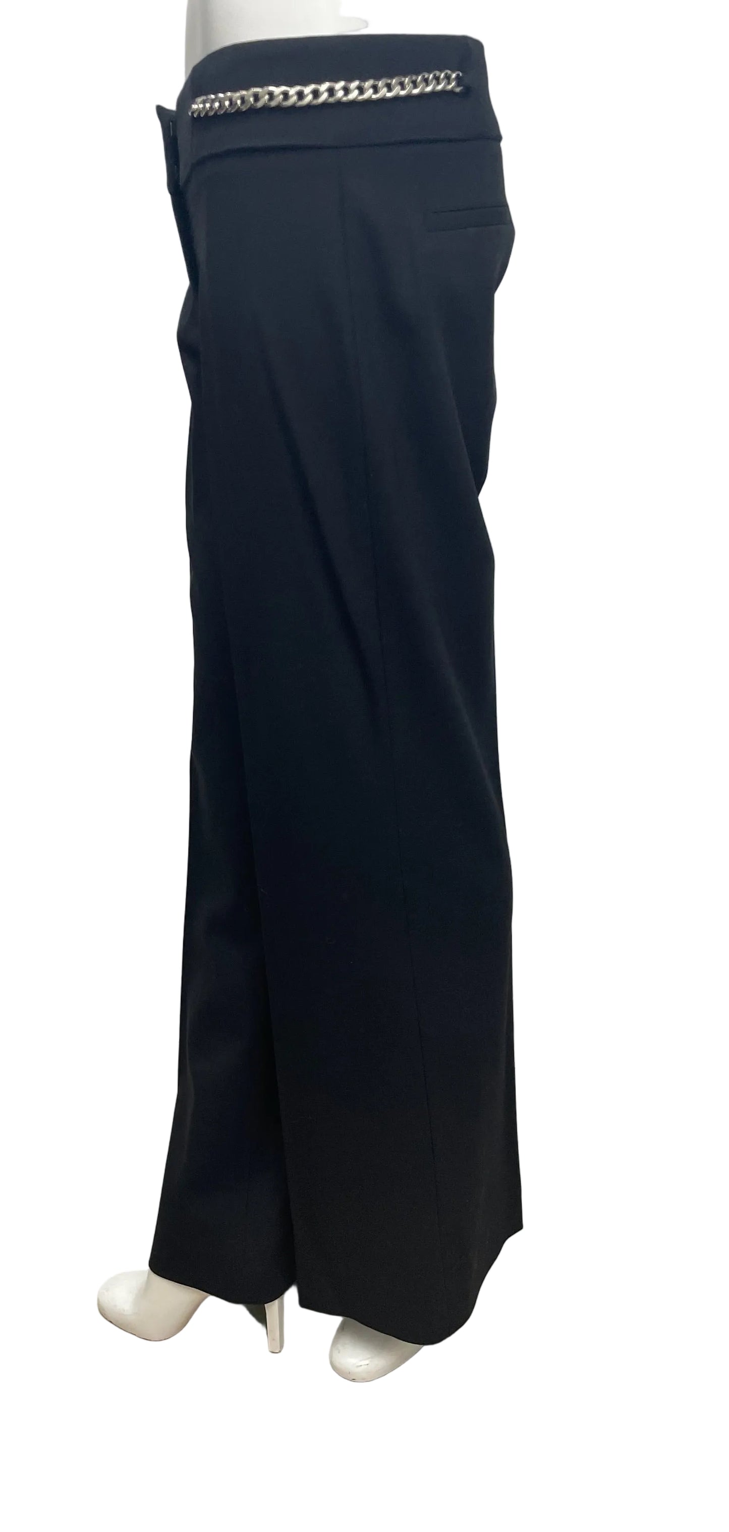 Michael Kors Collection black virgin wool trousers, size 6, with silver chain detail at the waist.