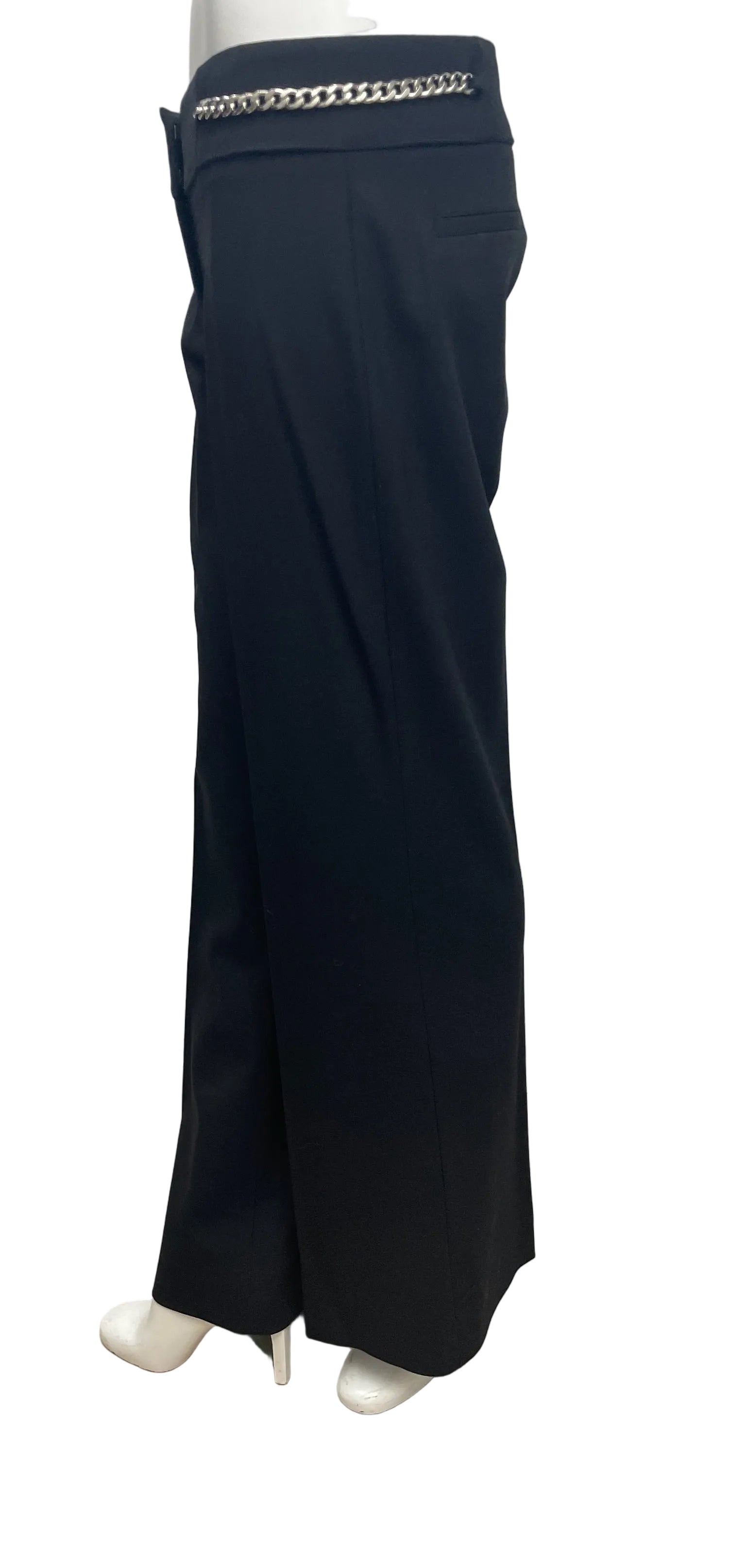 Michael Kors Collection black virgin wool trousers, size 6, with silver chain detail at the waist.