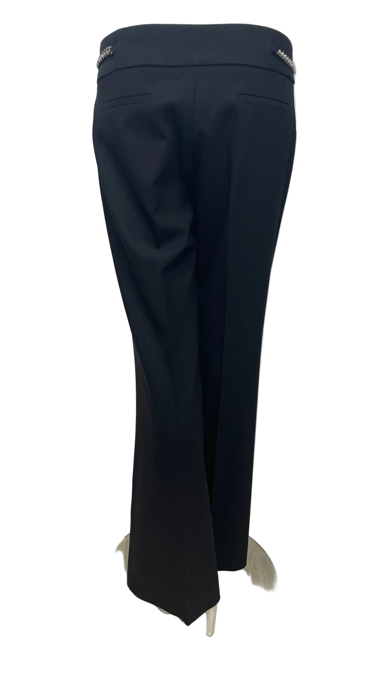 Michael Kors Collection black virgin wool blend trousers, size 6, with silver chain detail at the waist.