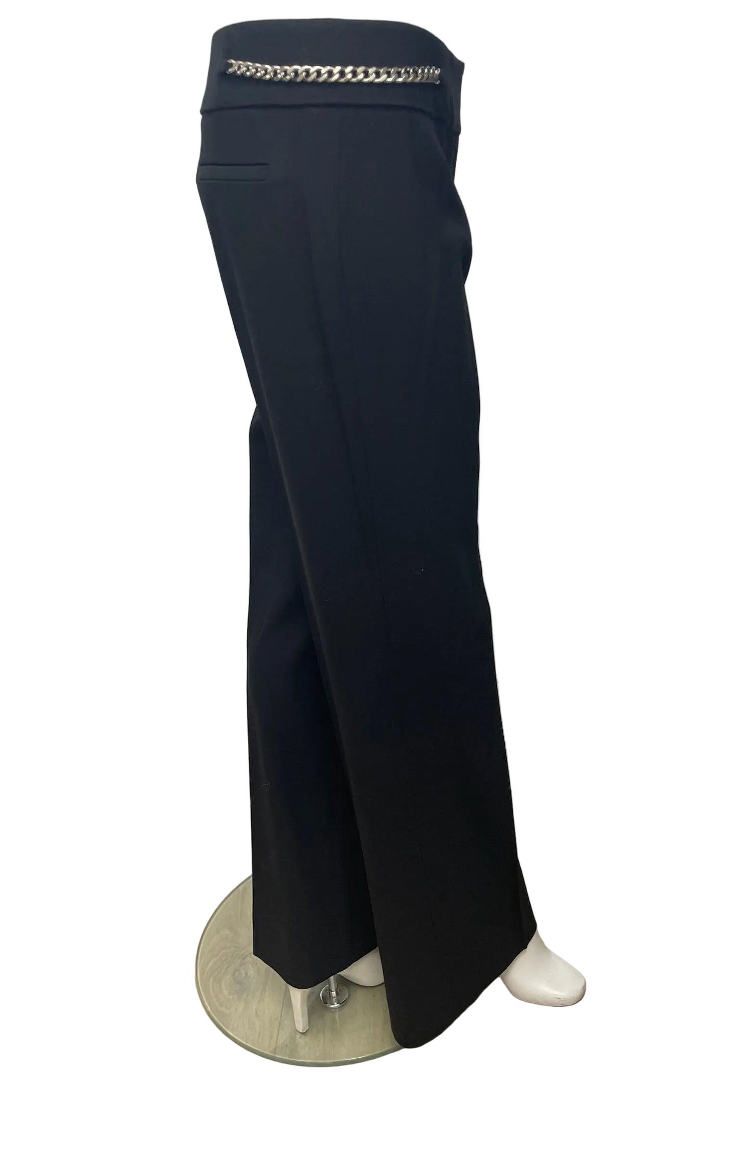 Michael Kors Collection black virgin wool trousers, size 6, with silver chain waist detail.