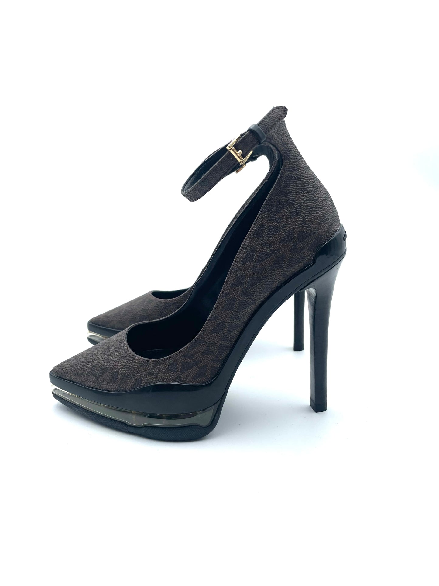 Michael Kors Monogram Platform KeKe Extreme Ankle Strap Heels Size 5