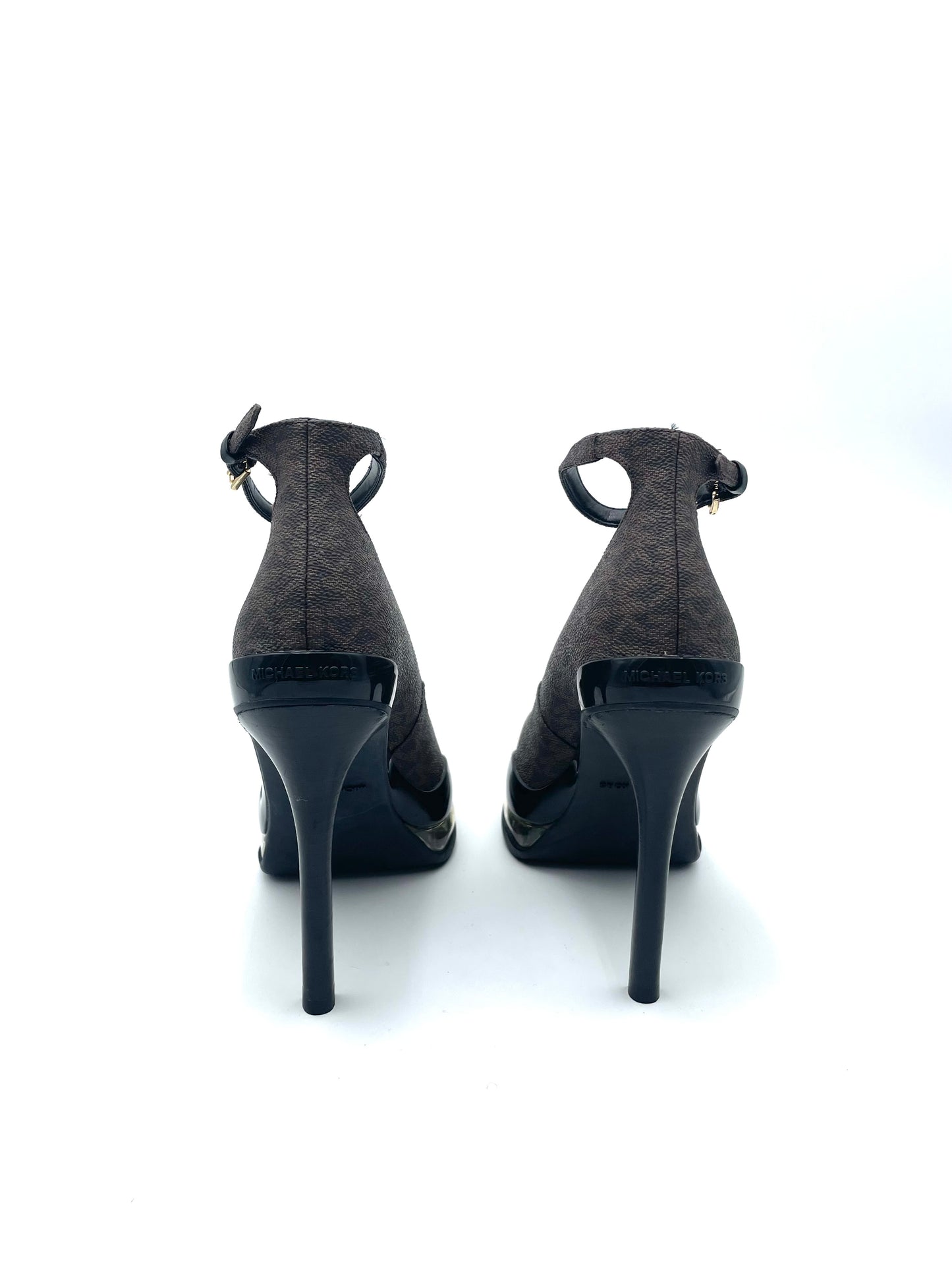 Michael Kors Monogram Platform KeKe Extreme Ankle Strap Heels Size 5