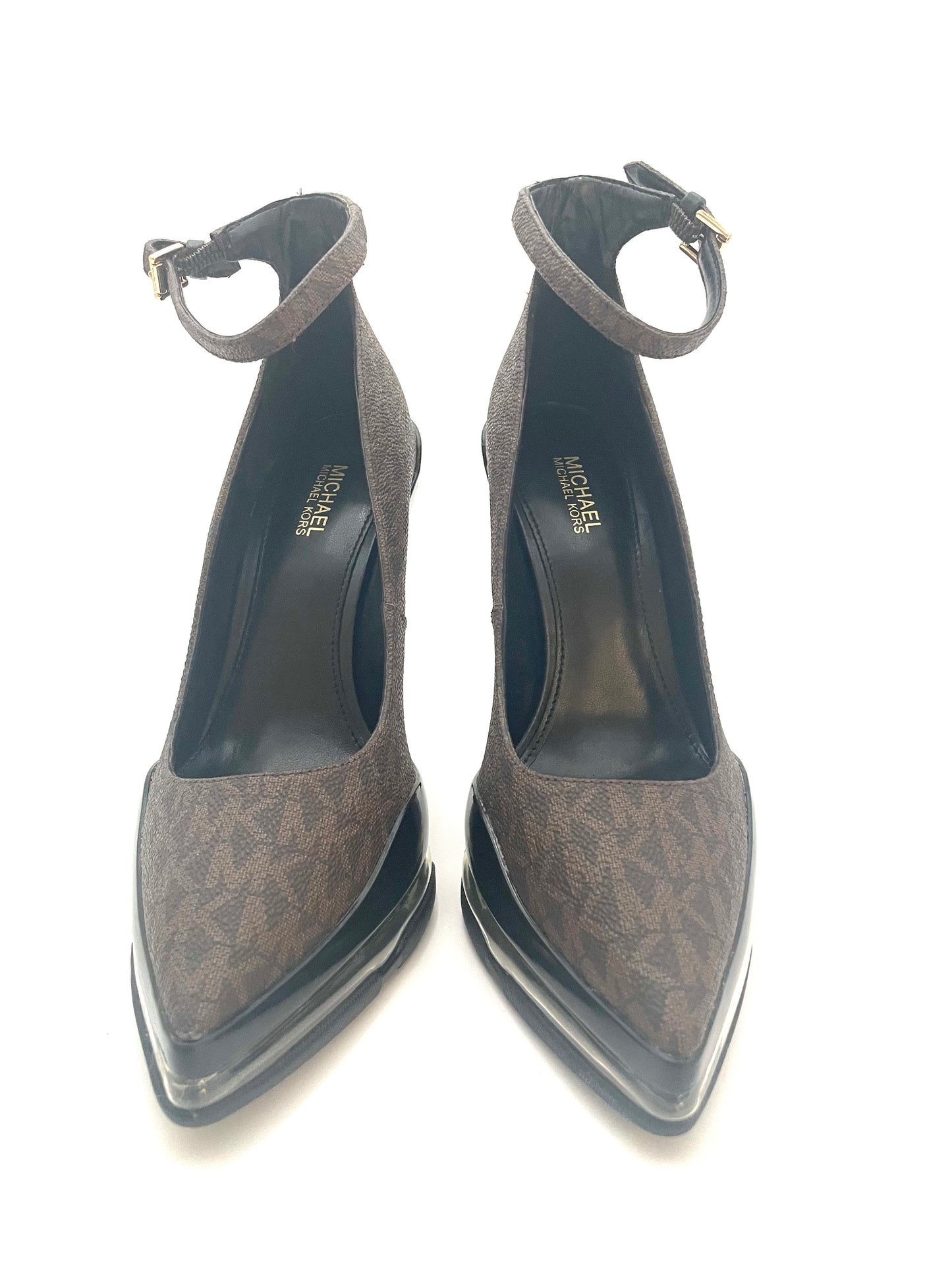 Michael Kors Monogram Platform KeKe Extreme Ankle Strap Heels Size 5