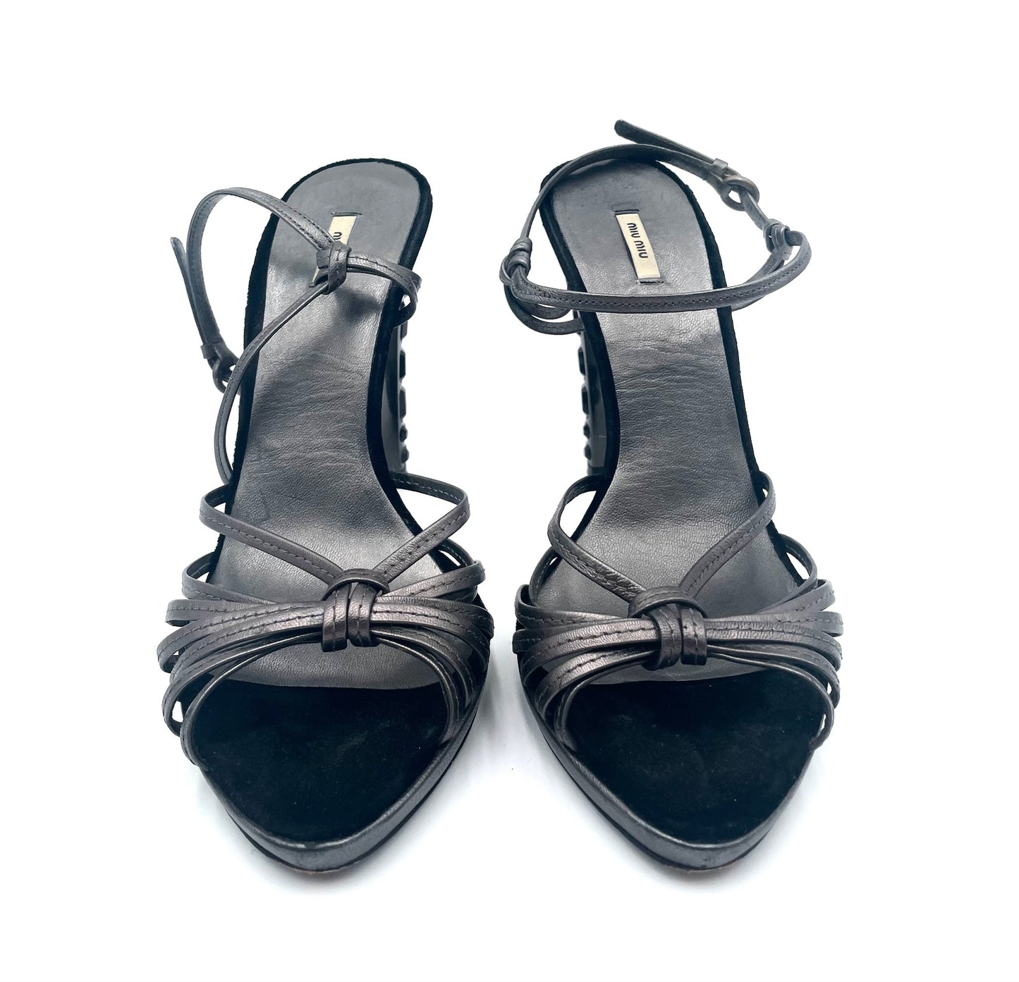 Miu Miu Grey Metallic Strappy Heels Size 38.5