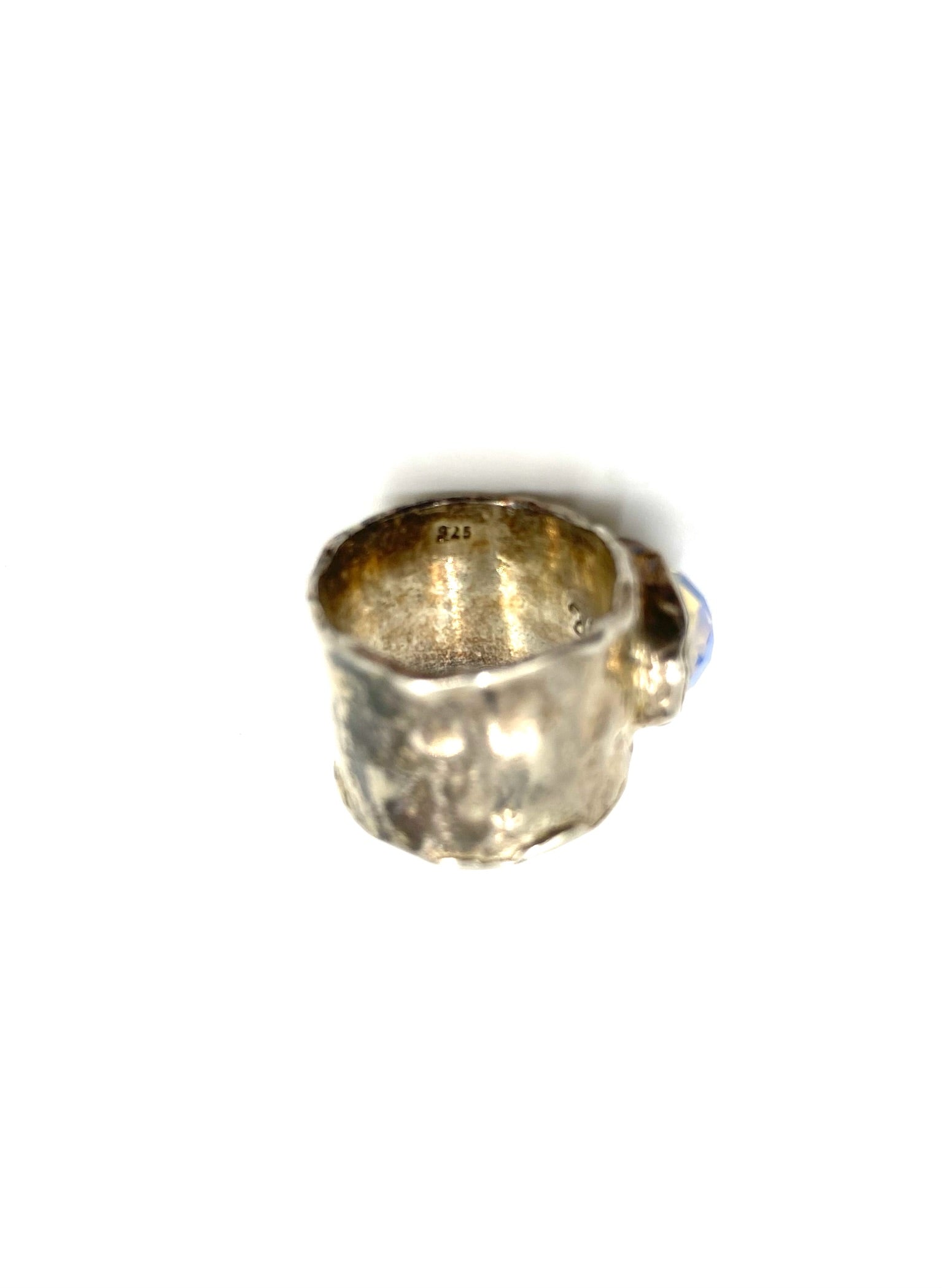 Chunky sterling silver ring with a moonstone gem, size 6.75, showing 925 stamp.