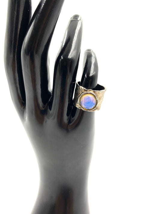 Moonstone sterling silver ring, size 6.75, with an oval iridescent moonstone on a chunky silver band.