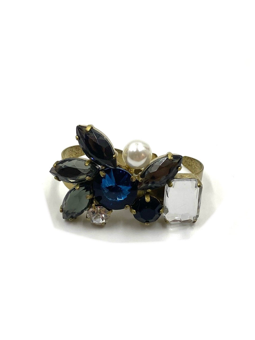 Multicolor rhinestone double finger adjustable ring with blue, black, clear gems, and a pearl on gold-tone metal.