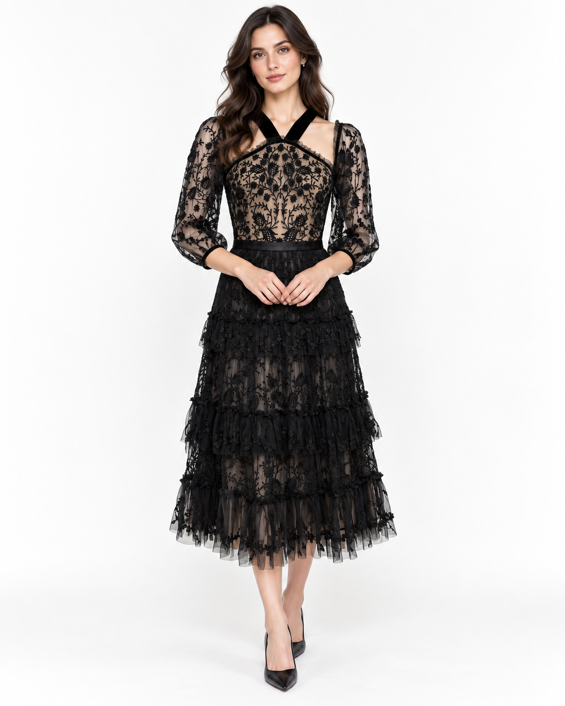 Needle & Thread Black Lace Cold Shoulder Dress Size 8