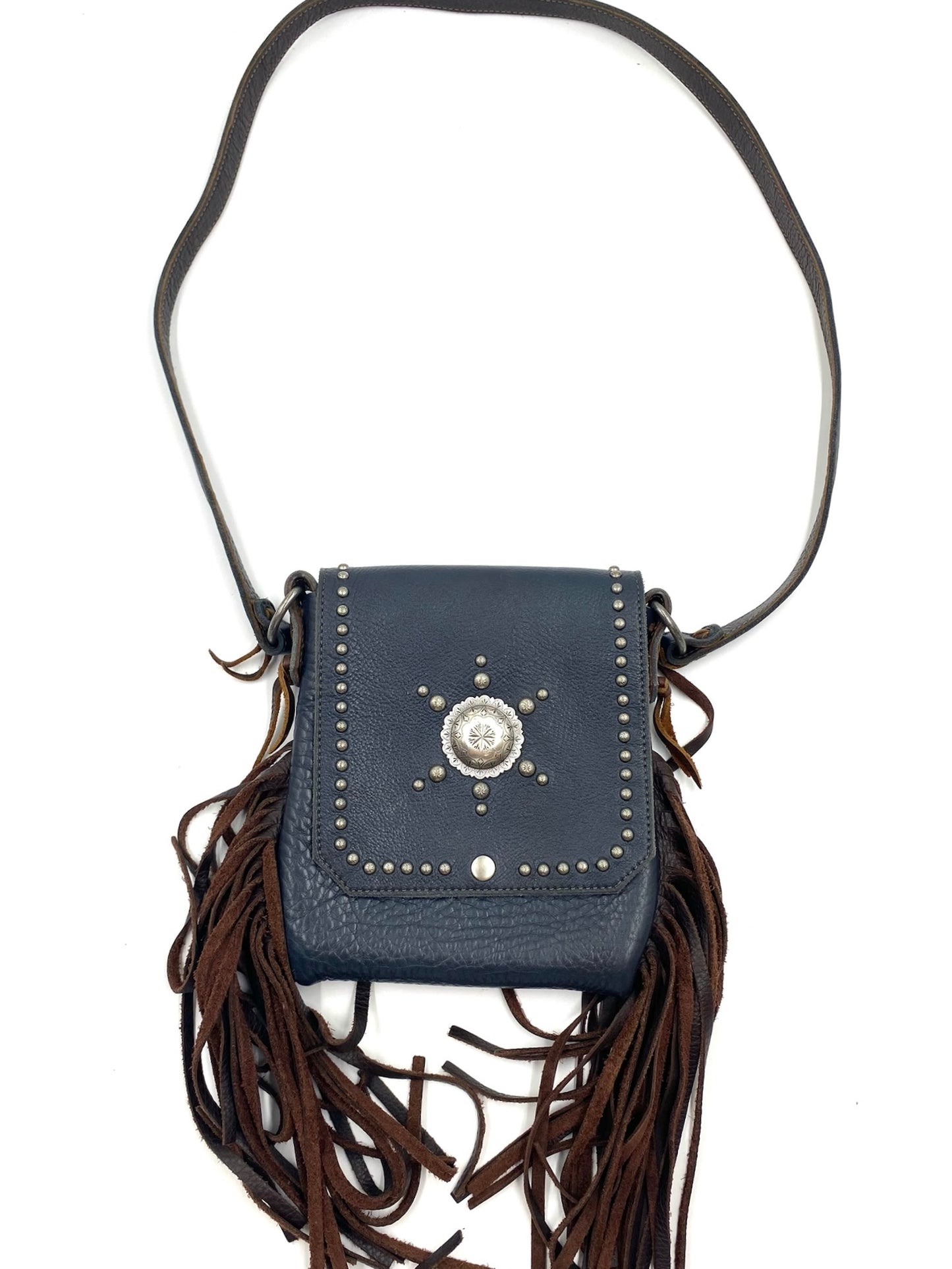 Navy fringe leather crossbody bag with silver stud details and a central concho.
