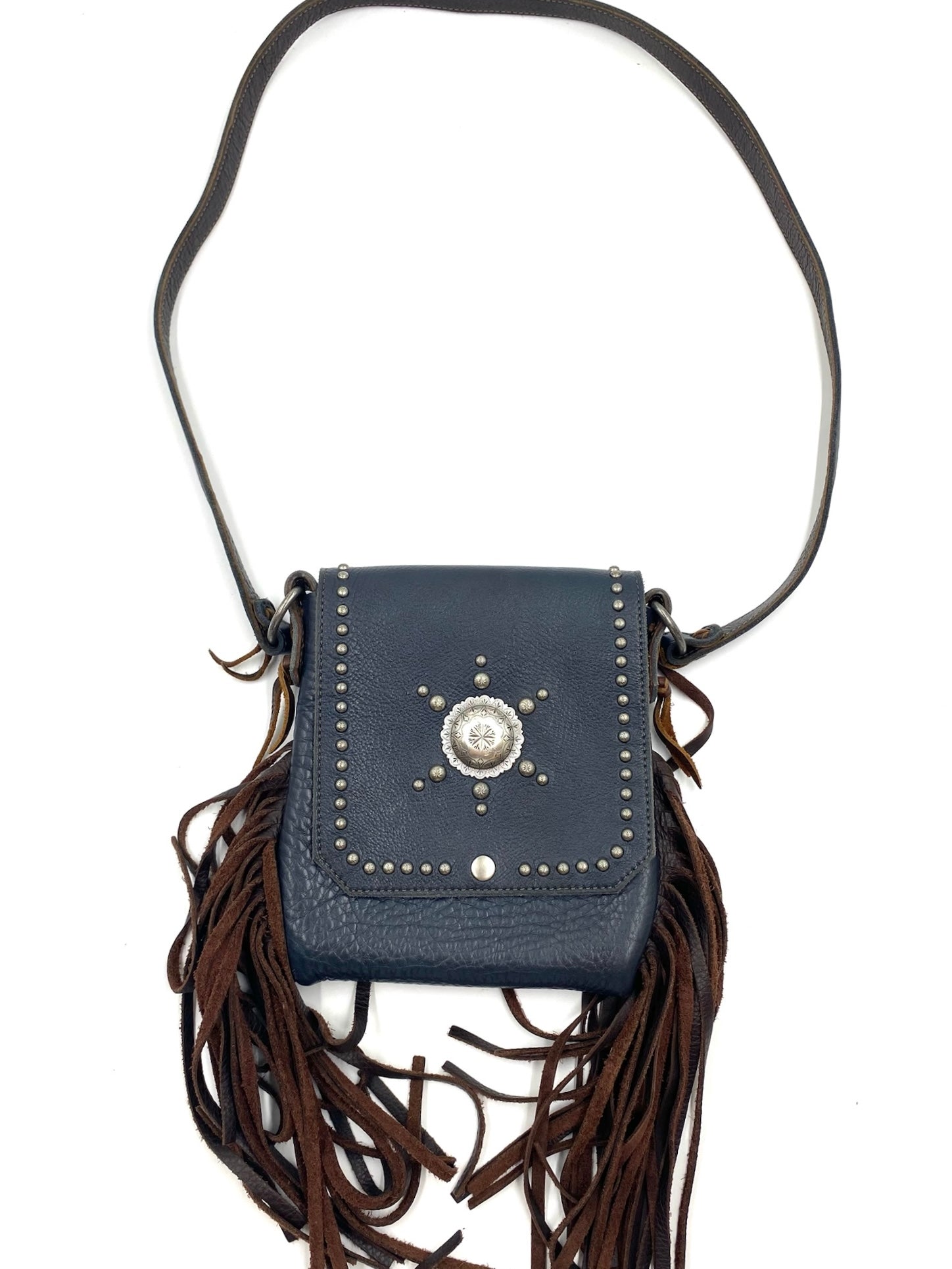 Navy fringe leather crossbody bag with silver stud details and a central concho.