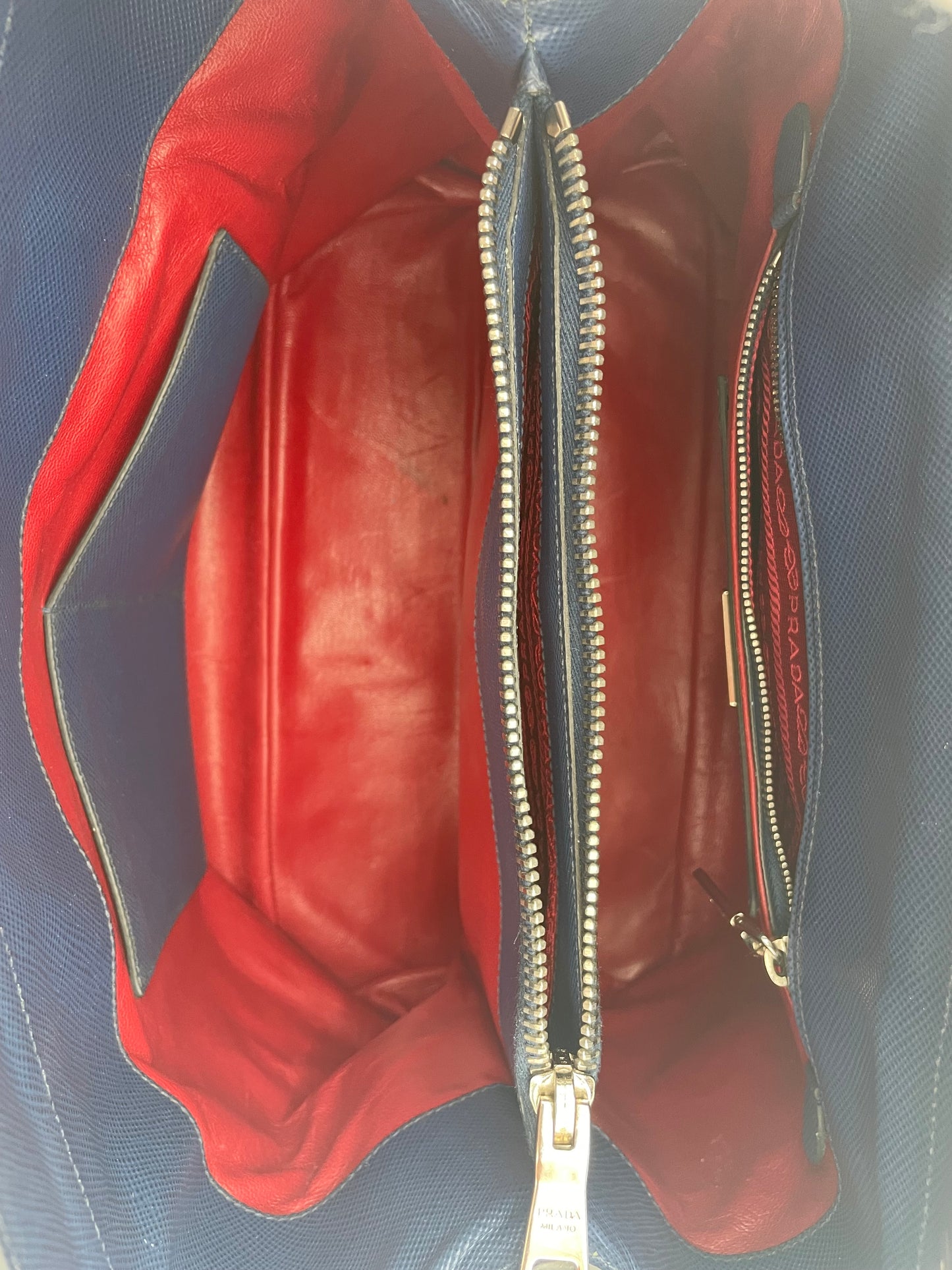 Prada Blue Saffiano Cuir Large Twin Tote