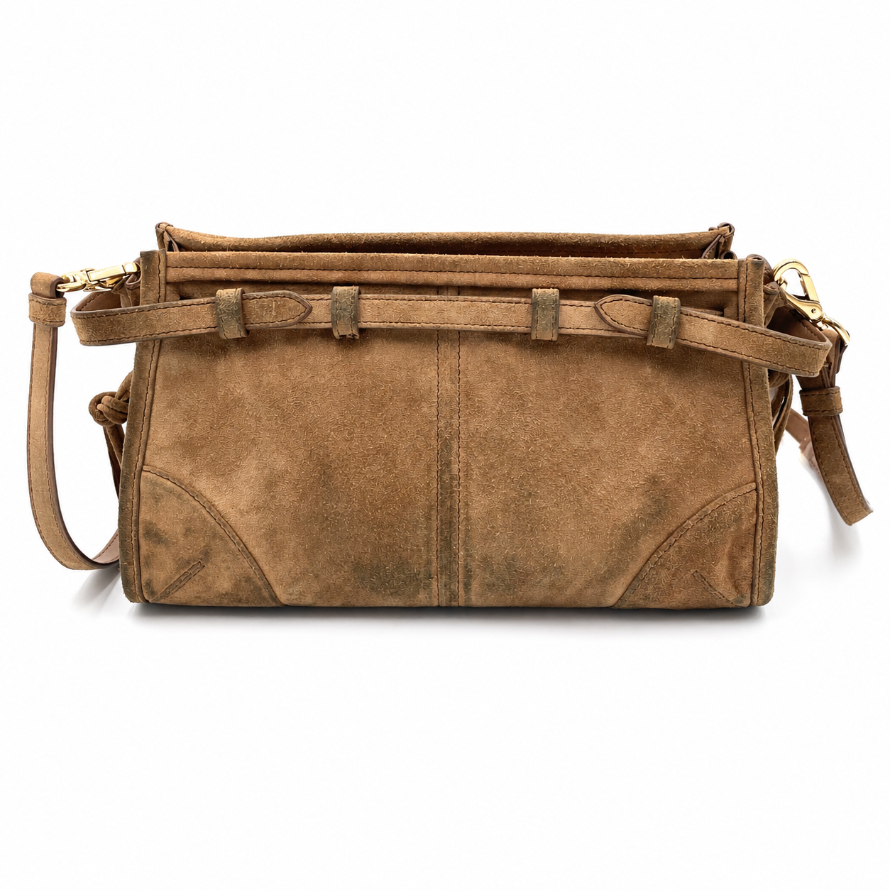 Prada Bonnie small cinnamon brown suede shoulder bag with gold hardware and a top zip closure.