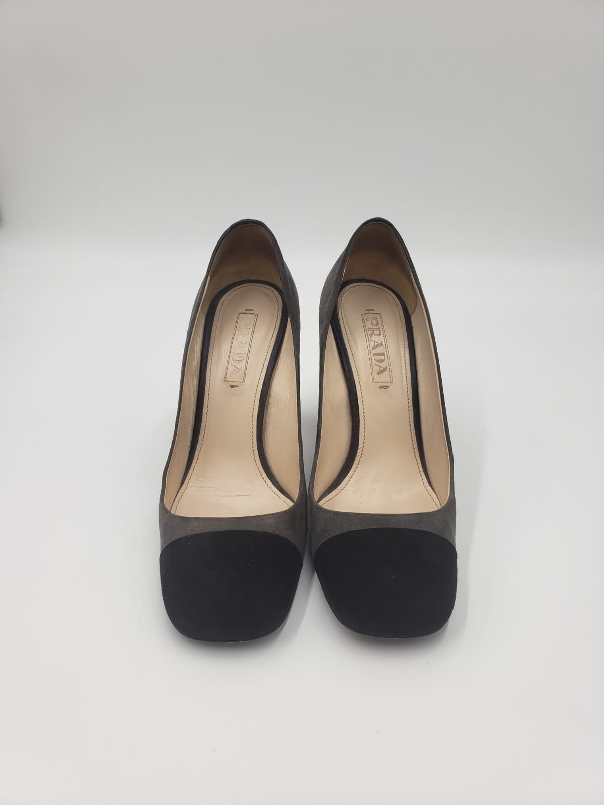 Prada grey and black captoe suede pump, size 38, with round toe and color block detail.