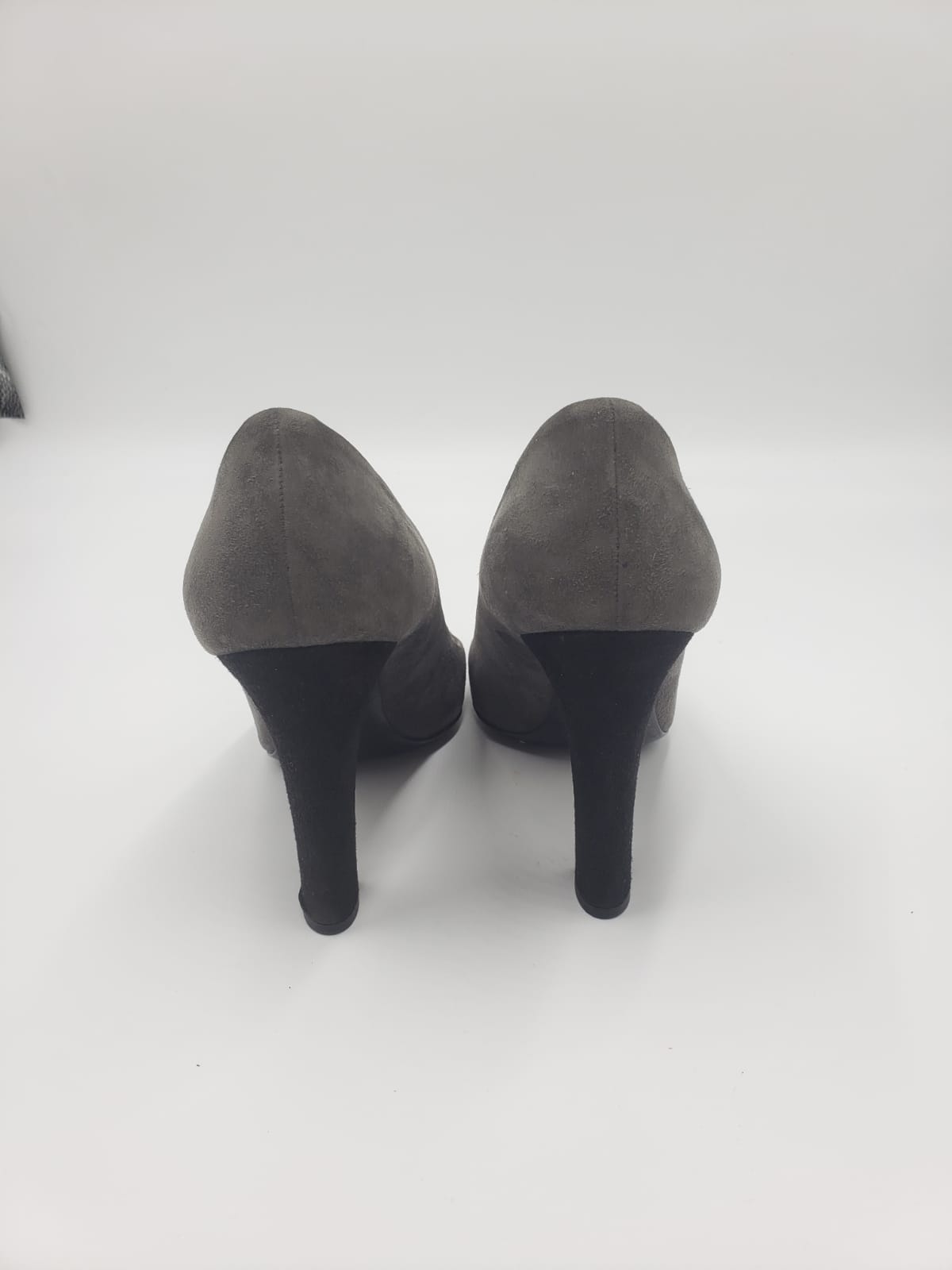 Prada grey suede pumps, size 38, with black captoe and heels, viewed from the back.