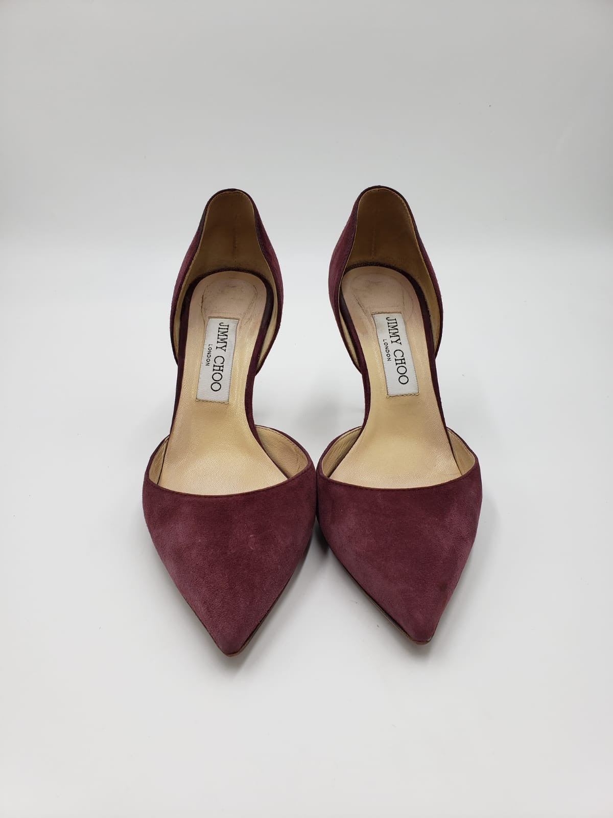 Jimmy Choo London maroon suede pointed toe pumps, size 38.5, on a white background.