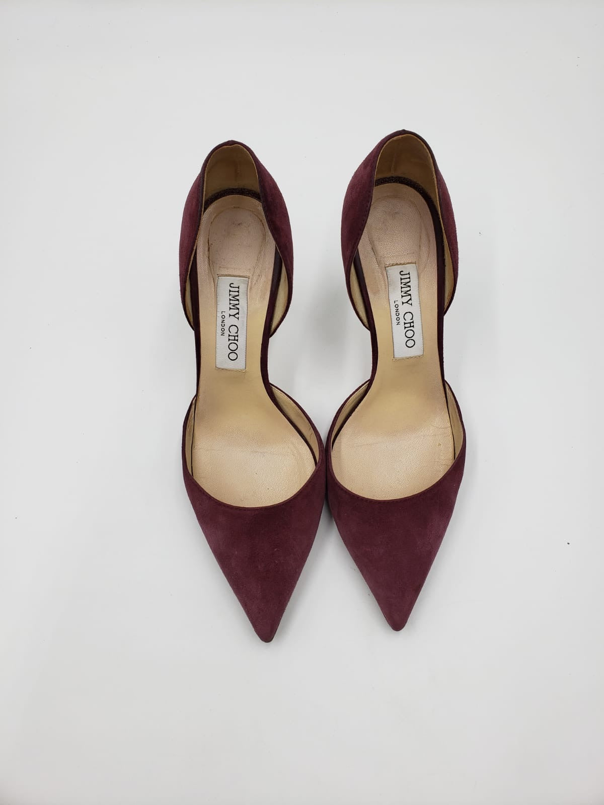 Jimmy Choo maroon suede pointed-toe d'Orsay pumps, size 38.5, on a white background.
