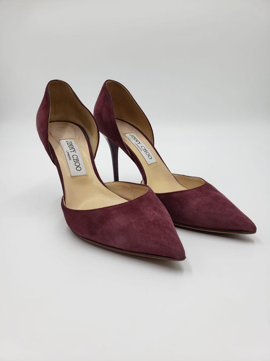 Prada maroon suede pointed-toe pumps, size 38.5, with a repaired sole.