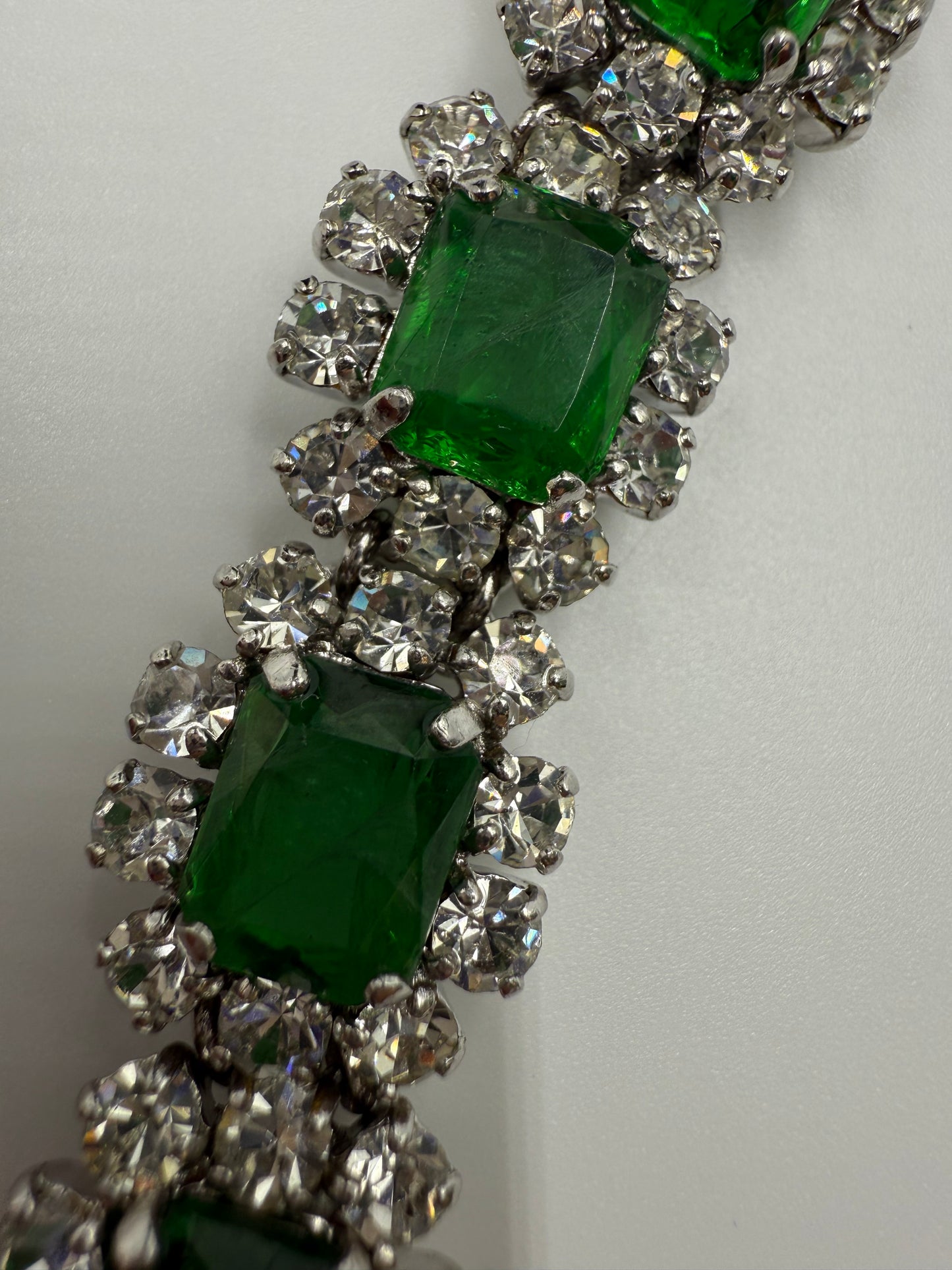 Rare 1972 Christian Dior emerald green glass stone bracelet with clear crystal rhinestones.