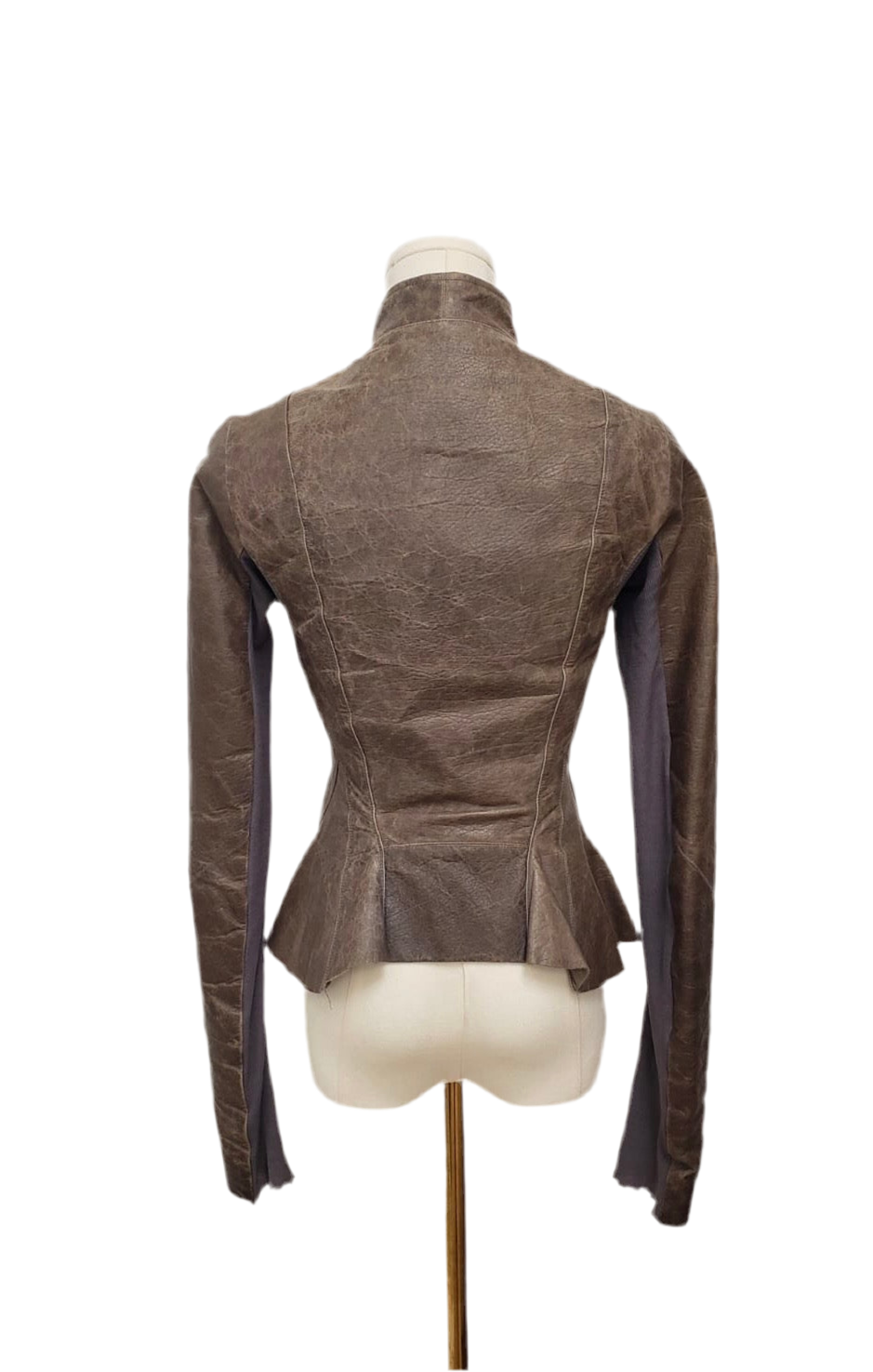 Rick Owens Brown Lambskin Leather Jacket Size 6US, back view, with peplum waist and fitted sleeves.