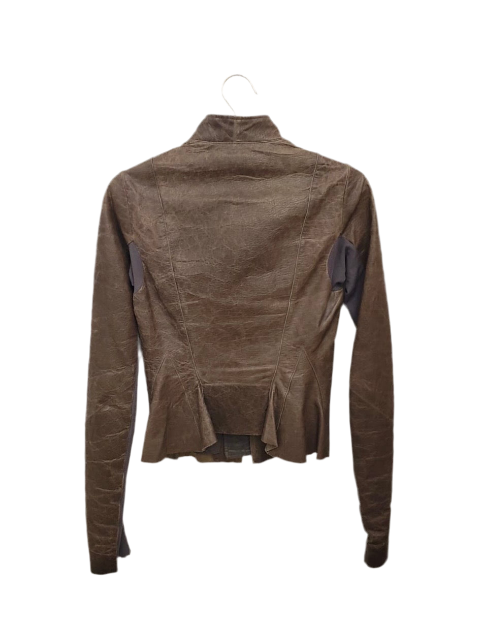 Rick Owens brown lambskin leather jacket, size 6US, with a fitted silhouette and peplum-style back hem.