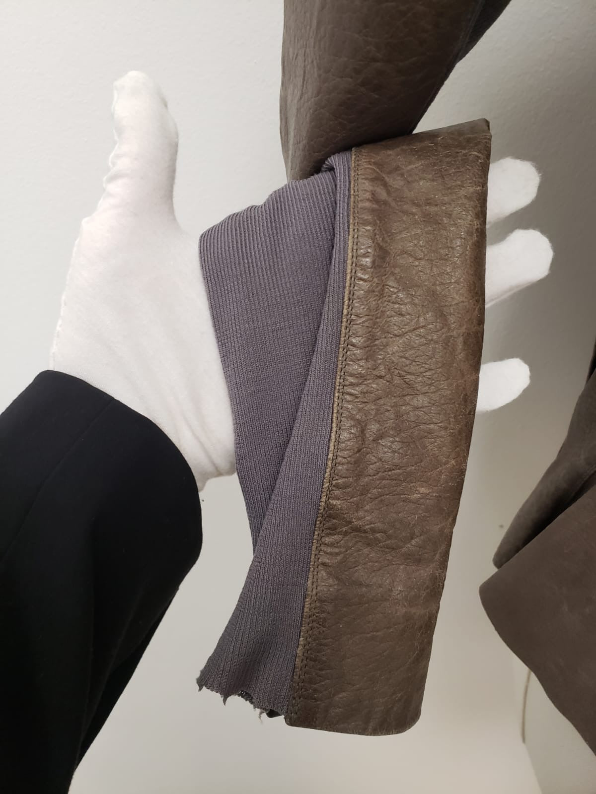 Rick Owens brown lambskin leather jacket, size 6US, with ribbed grey fabric lining.