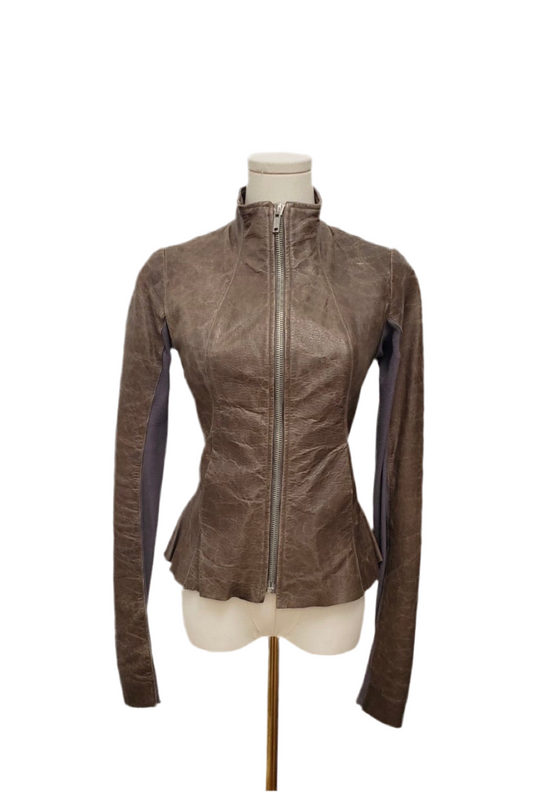 Rick Owens Brown Lambskin Leather Jacket Size 6US with front zip and high collar.