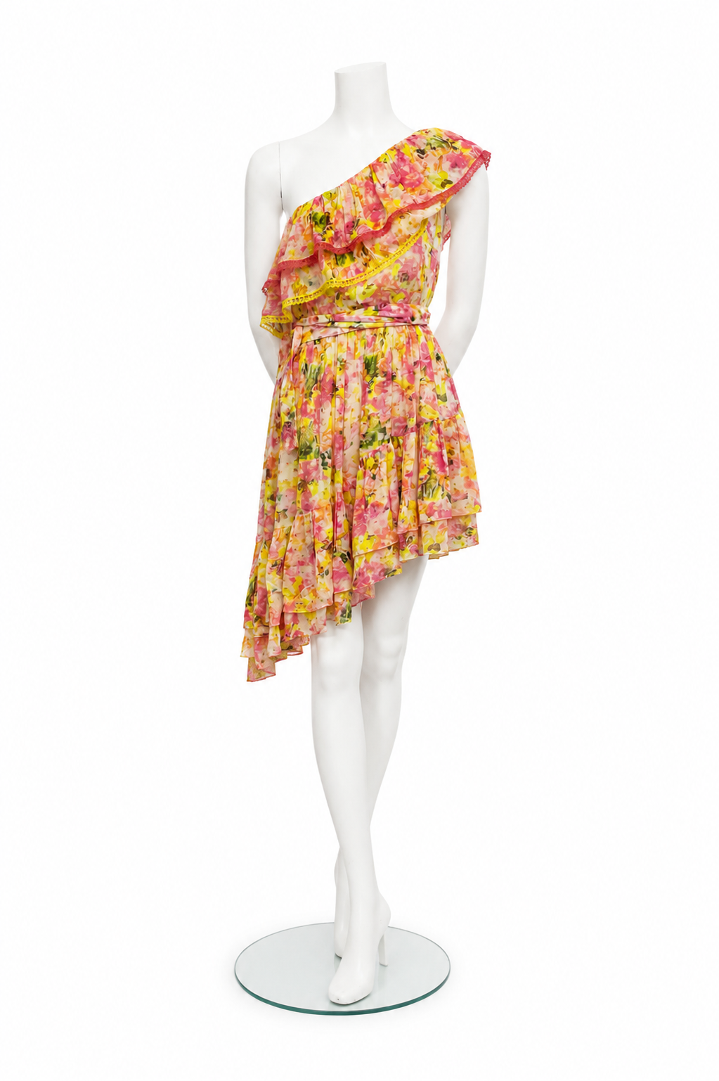 Rococo Sun Orange Multicolor One Shoulder Tiered Dress Size 5