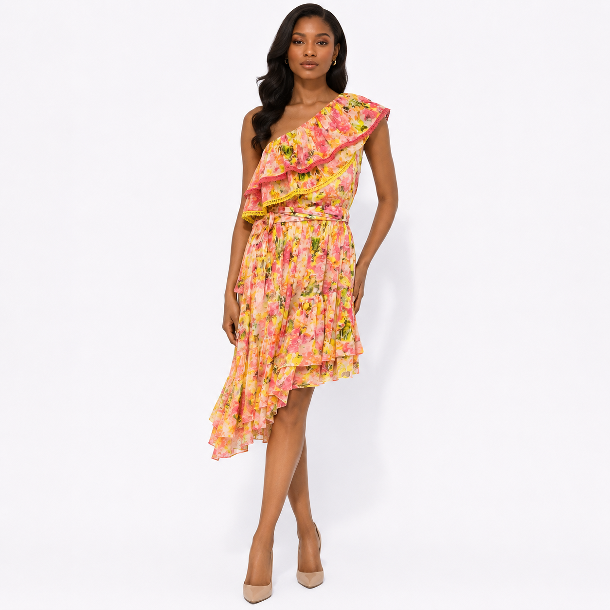Rococo Sun Orange Multicolor One Shoulder Tiered Dress Size 5