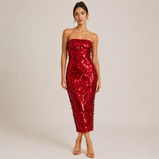 Runway The Label Gaborone Red Sequin Disk Strapless Dress Size M