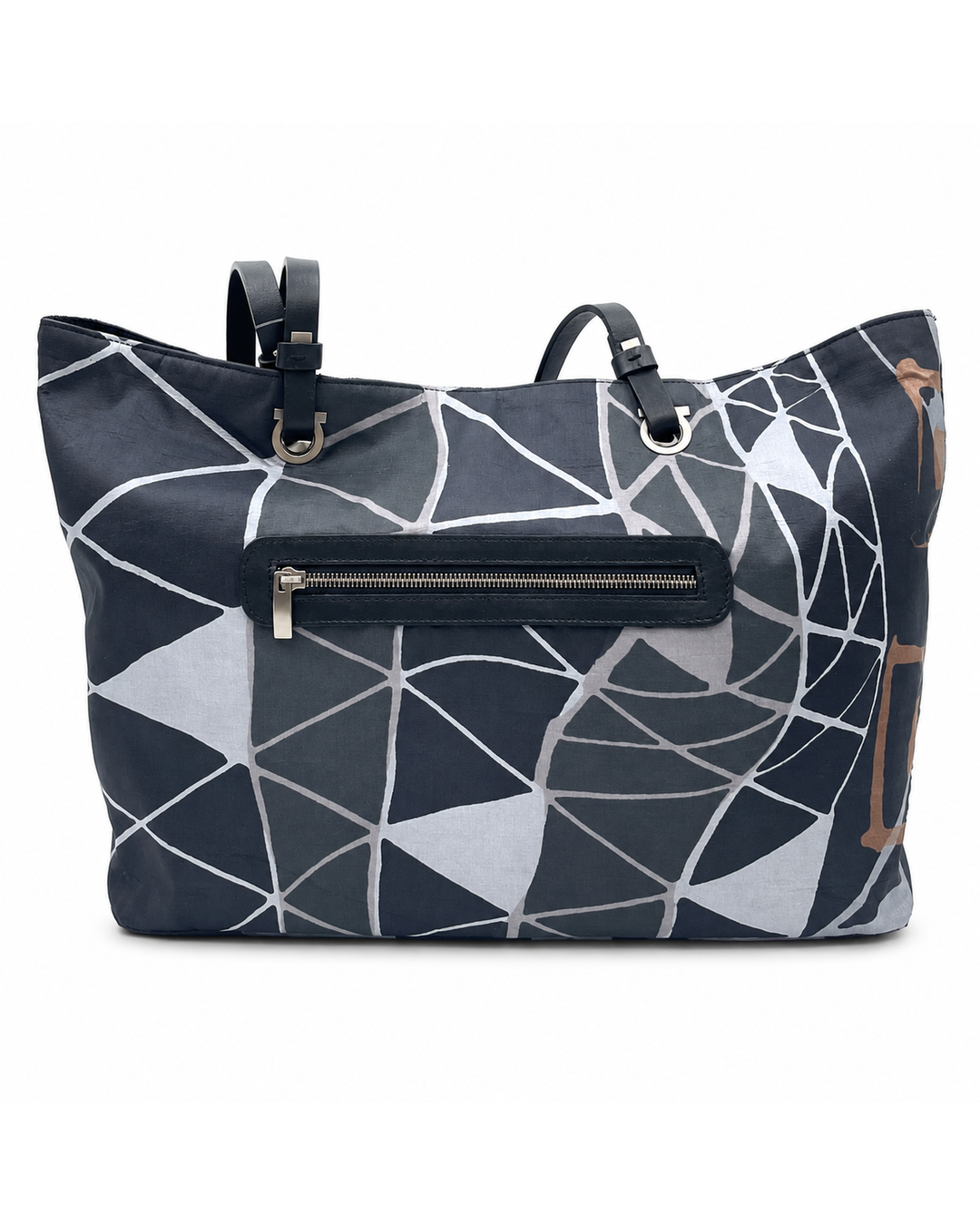 Salvatore Ferragamo nylon tote with black and white abstract geometric print, featuring a front zip pocket and top handles.