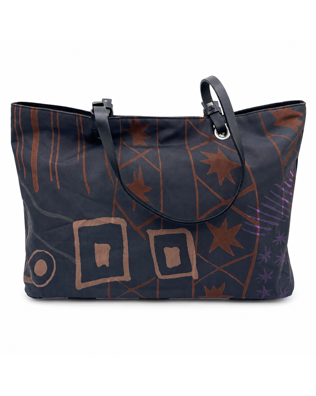 Salvatore Ferragamo black nylon tote with brown abstract geometric and star print, featuring dual top handles.