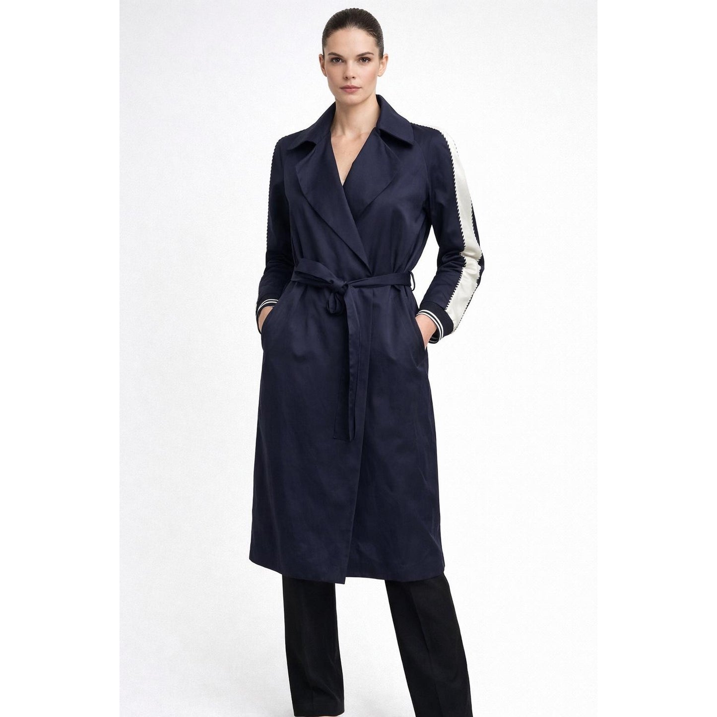 Sandro Navy Belted White Trim Trench Coat Size 36 US 4